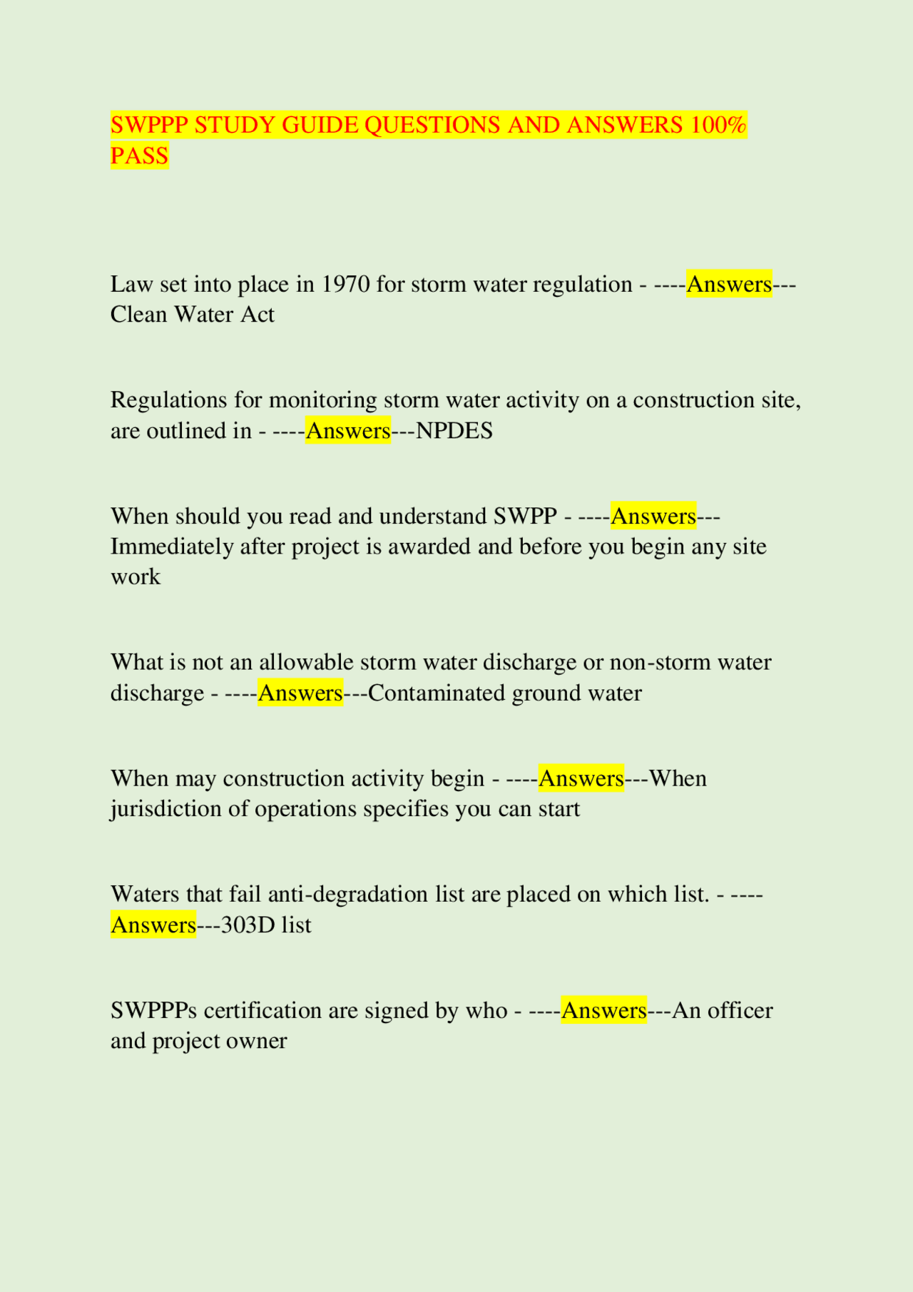 SWPPP STUDY GUIDE QUESTIONS AND ANSWERS 100% PASS | Exams Law | Docsity