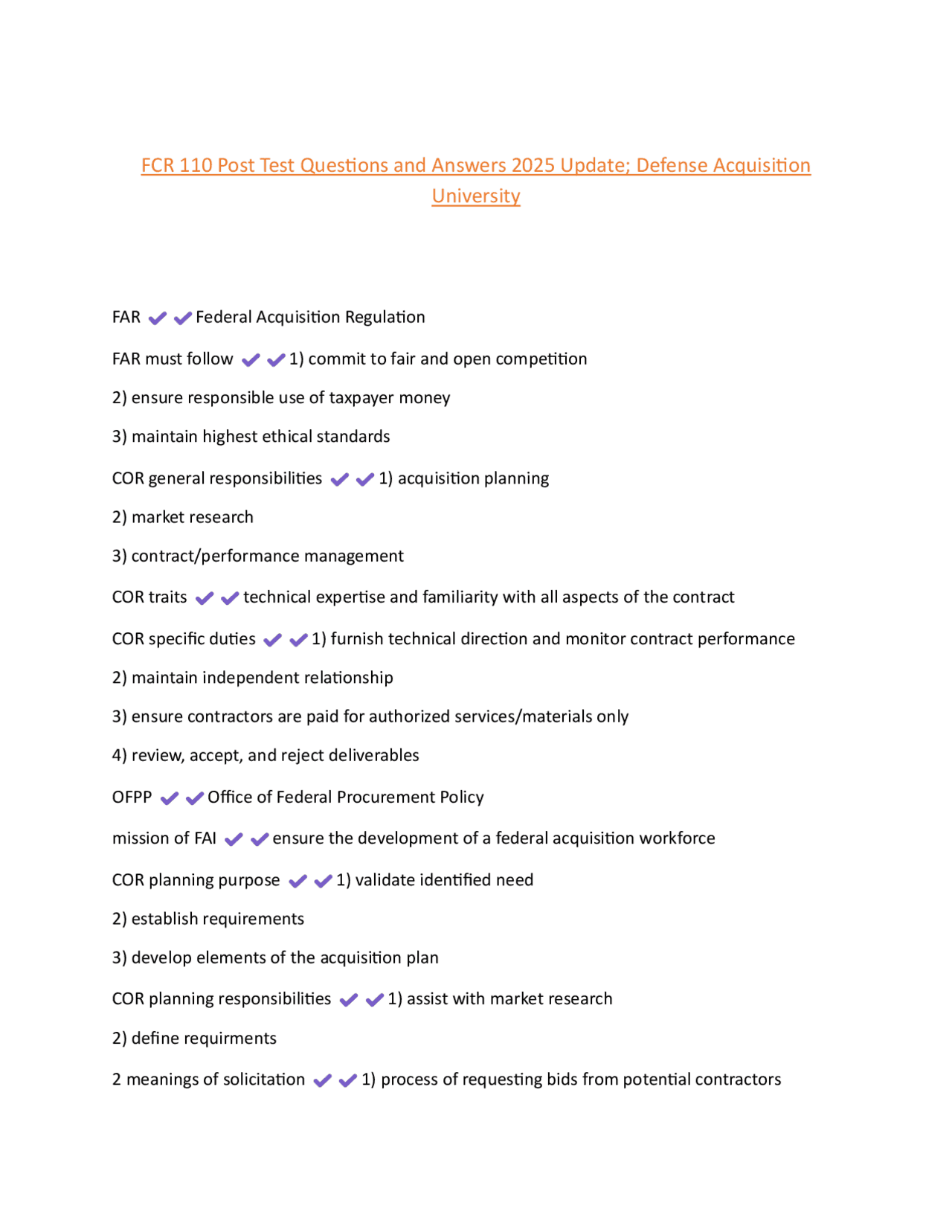 FCR 110 Post Test Questions and Answers 2025 Update; Defense Acquisition University | Exams ...