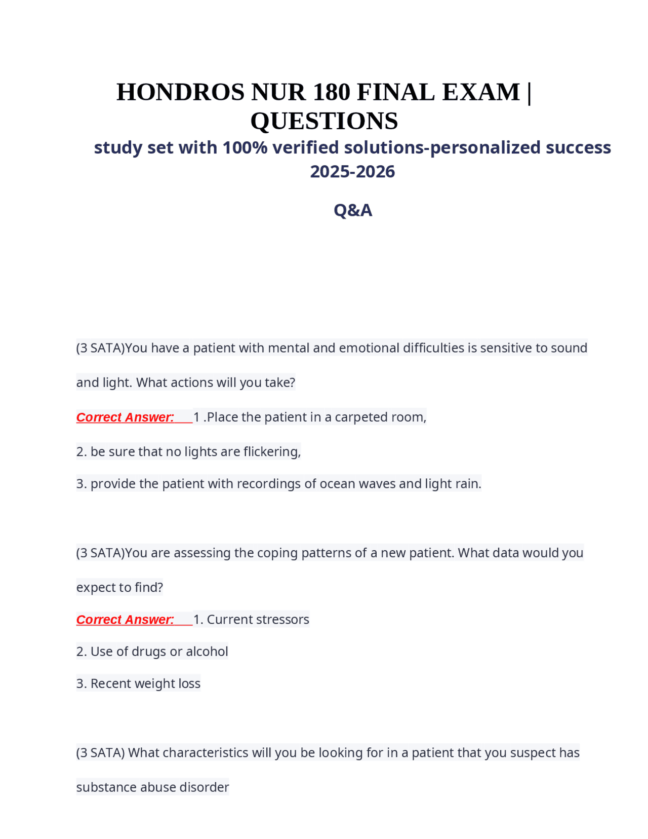 HONDROS NUR 180 FINAL EXAM | QUESTIONS study set with 100% verified ...