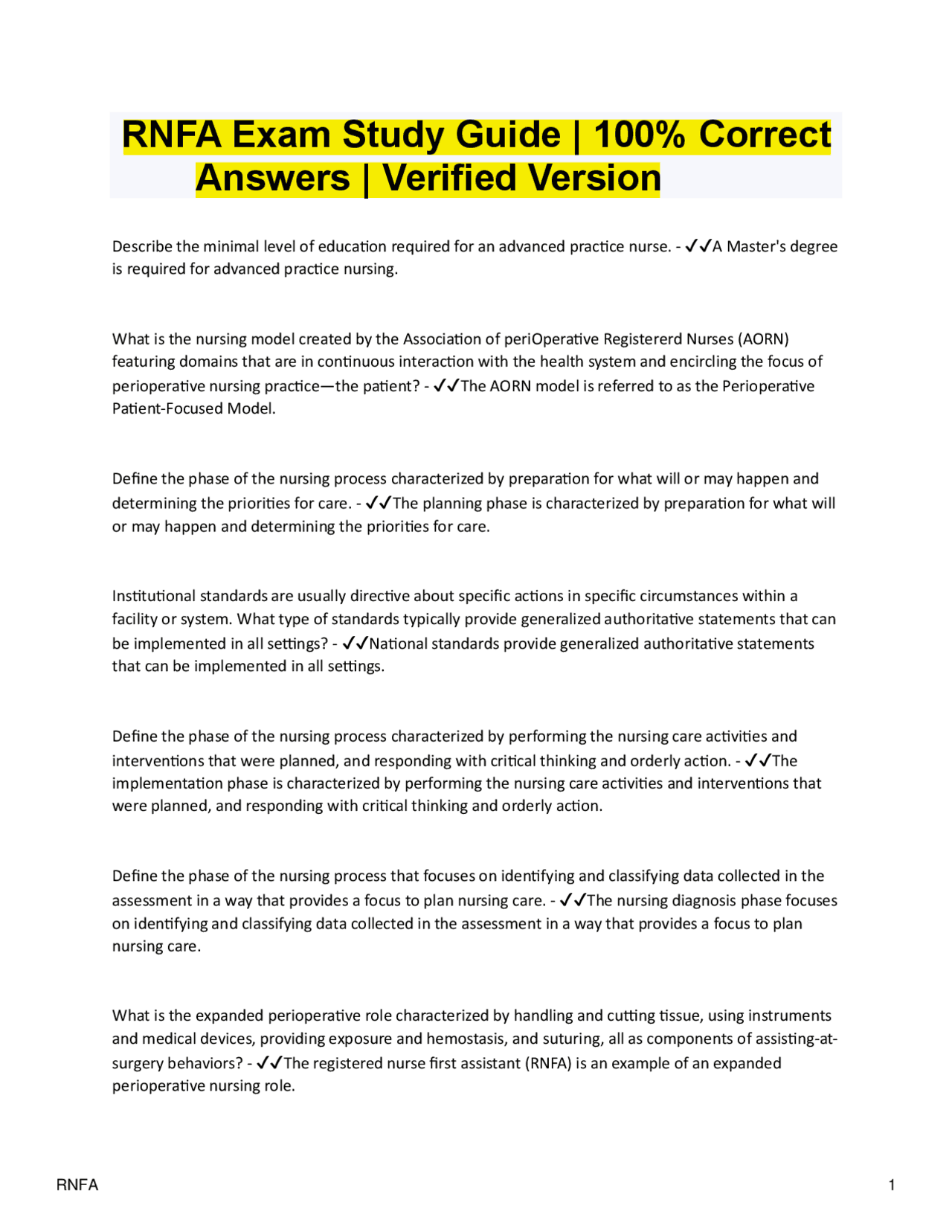 RNFA Exam Study Guide | 100% Correct Answers | Verified 2025/2026 ...