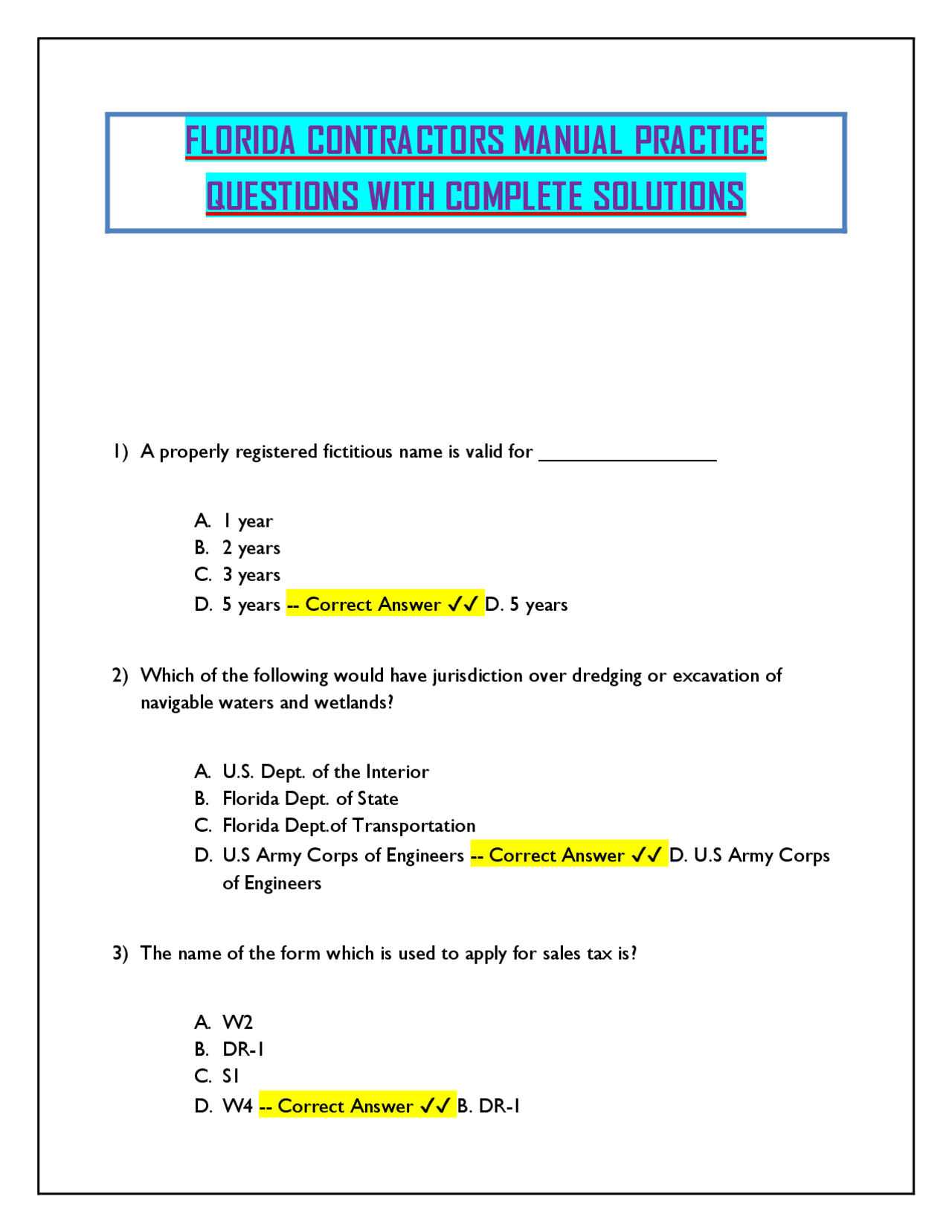 Fdot Construction Math Answer Key FLORIDA CONTRACTORS MANUAL PRACTICE QUESTIONS WITH COMPLETE SOLUTIONS ...