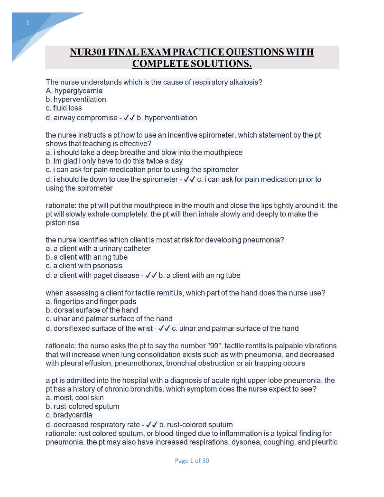 NUR301 FINAL EXAM PRACTICE QUESTIONS WITH COMPLETE SOLUTIONS. | Exams ...