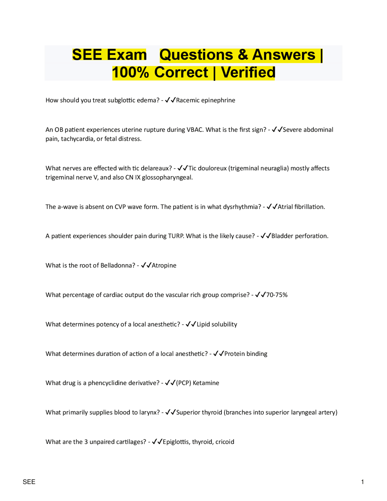 SEE Exam Questions & Answers | 100% Correct | Verified 2025 | Medical ...