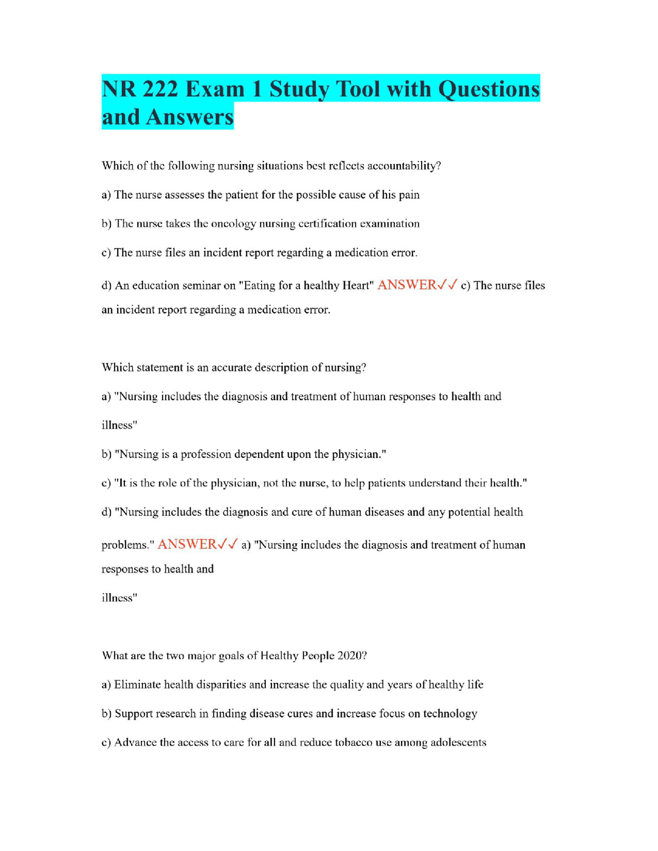 NR 222 Exam 1 Study Tool with Questions and Answers | Exams Nursing ...