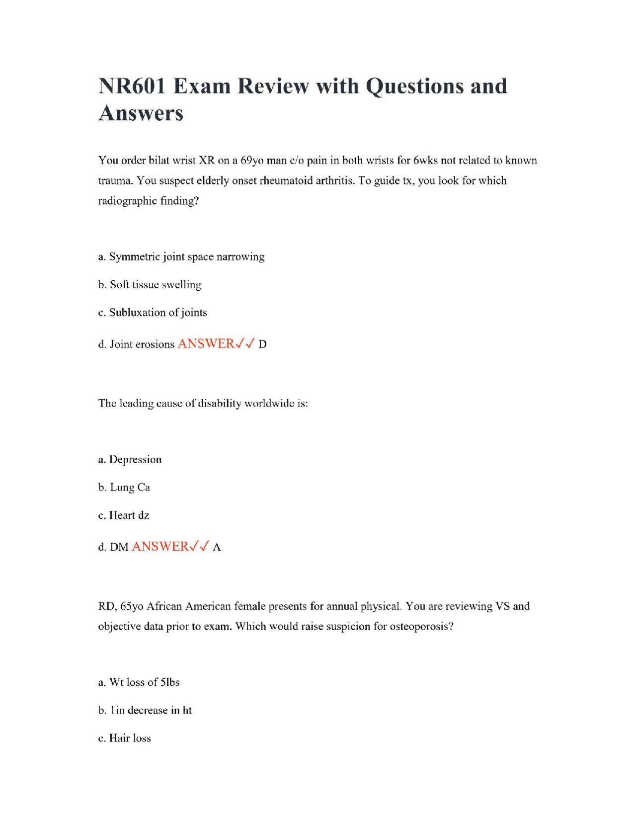 NR601 Exam Review with Questions and Answers | Exams Nursing | Docsity