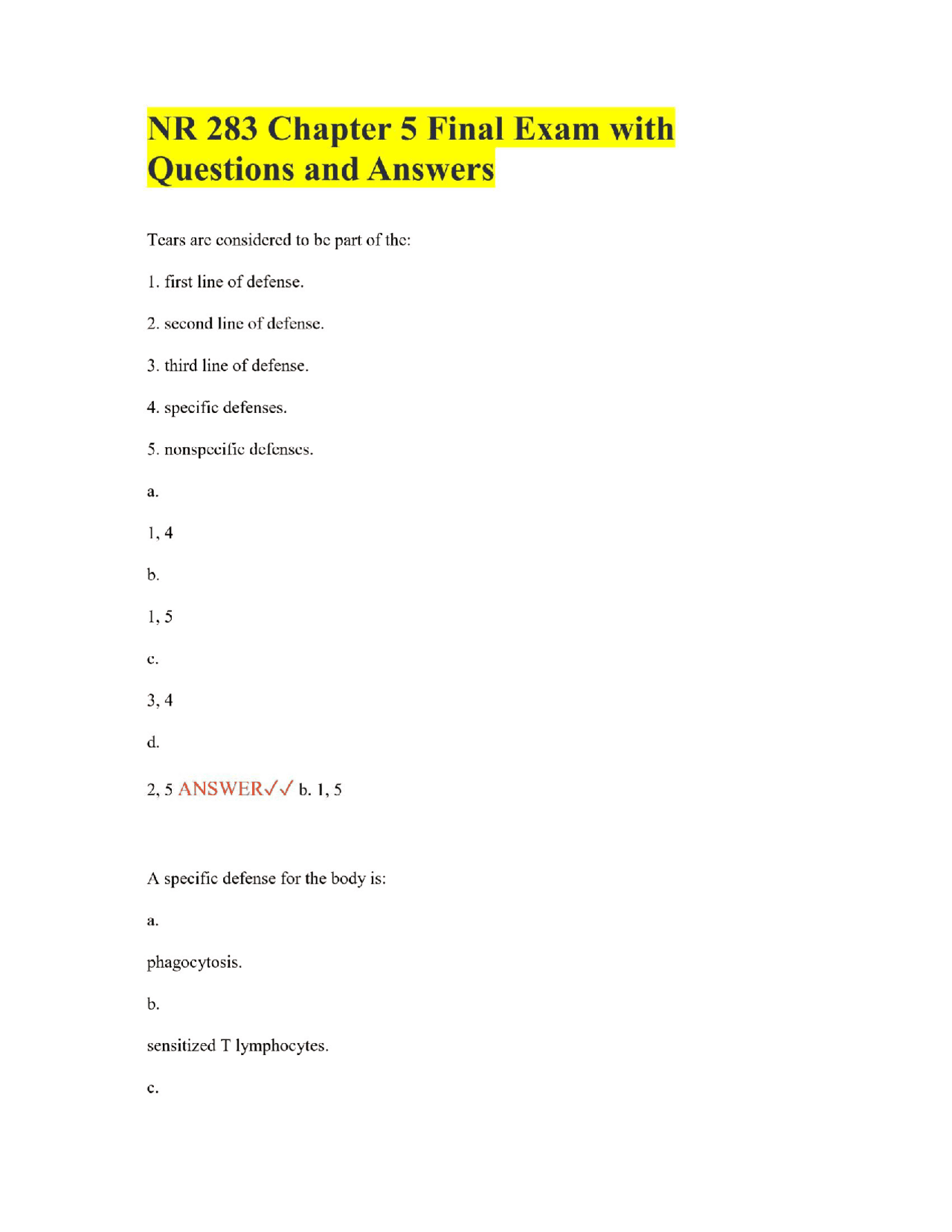 NR 283 Chapter 5 Final Exam with Questions and Answers | Exams Nursing ...
