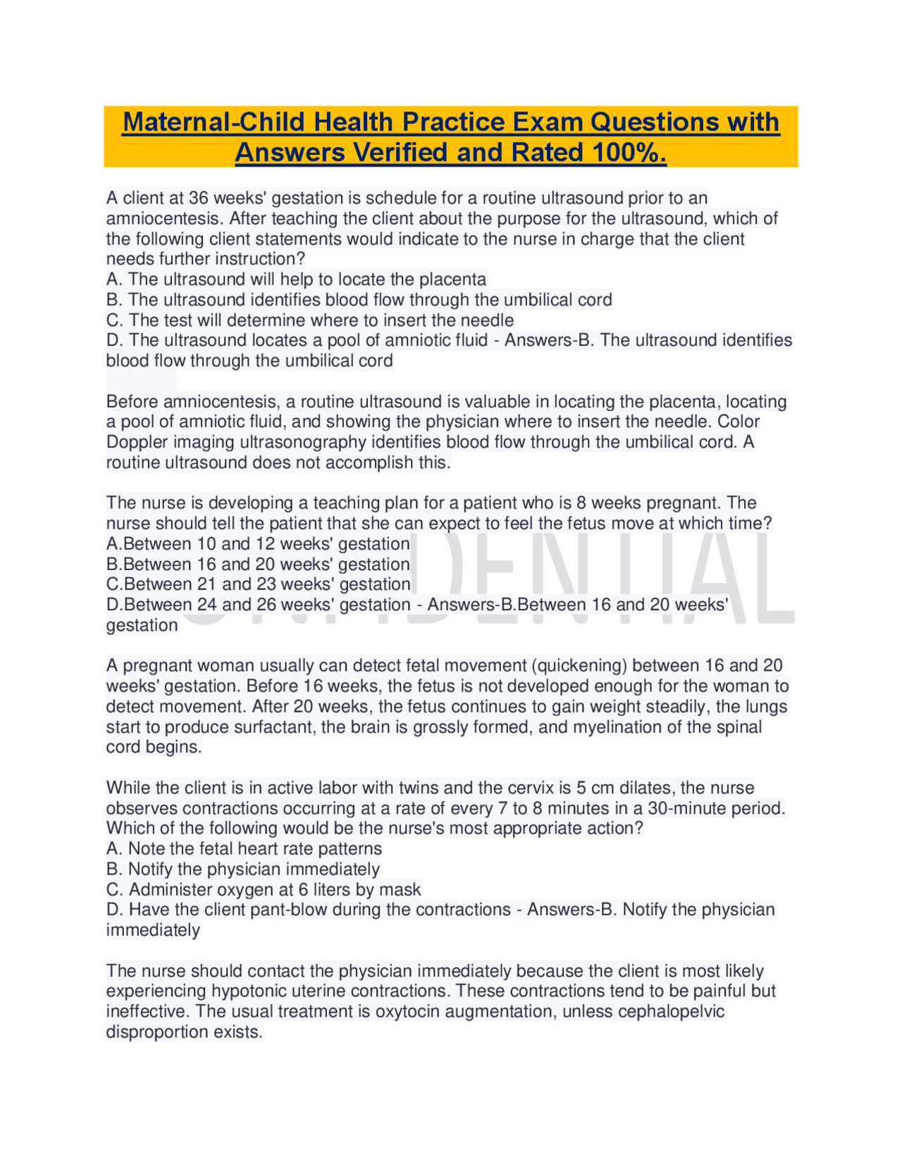 Maternal-Child Health Practice Exam Questions with Answers Verified and ...