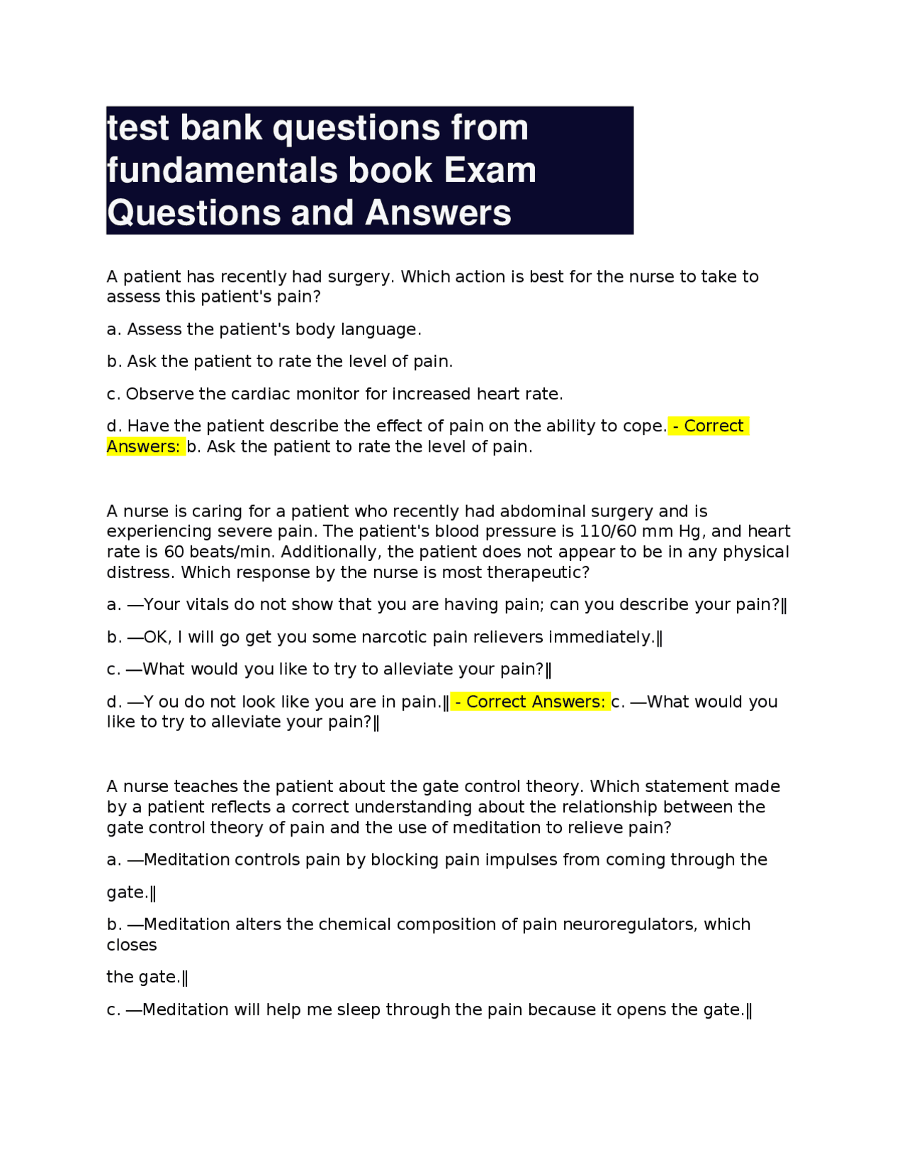 test bank questions from fundamentals book Exam Questions and Answers ...