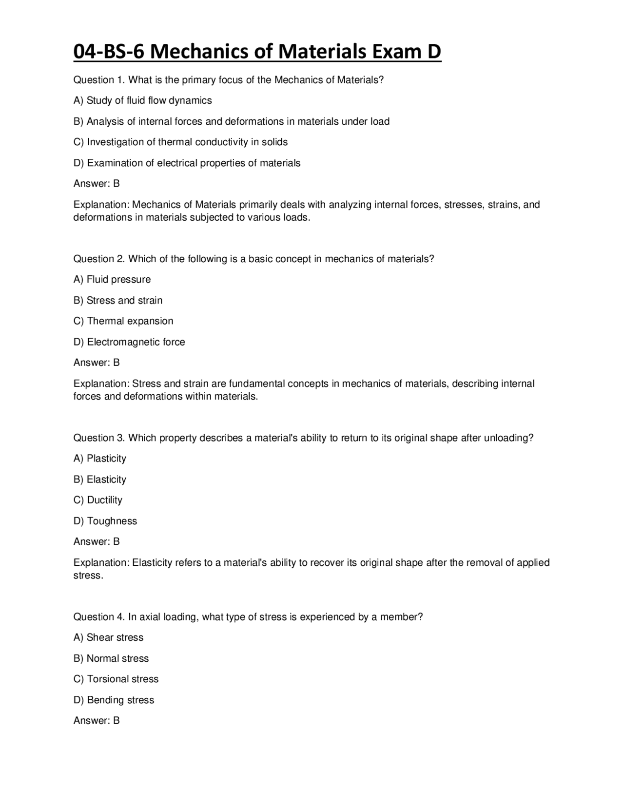 04-BS-6 Mechanics of Materials Exam D | Exams Technology | Docsity
