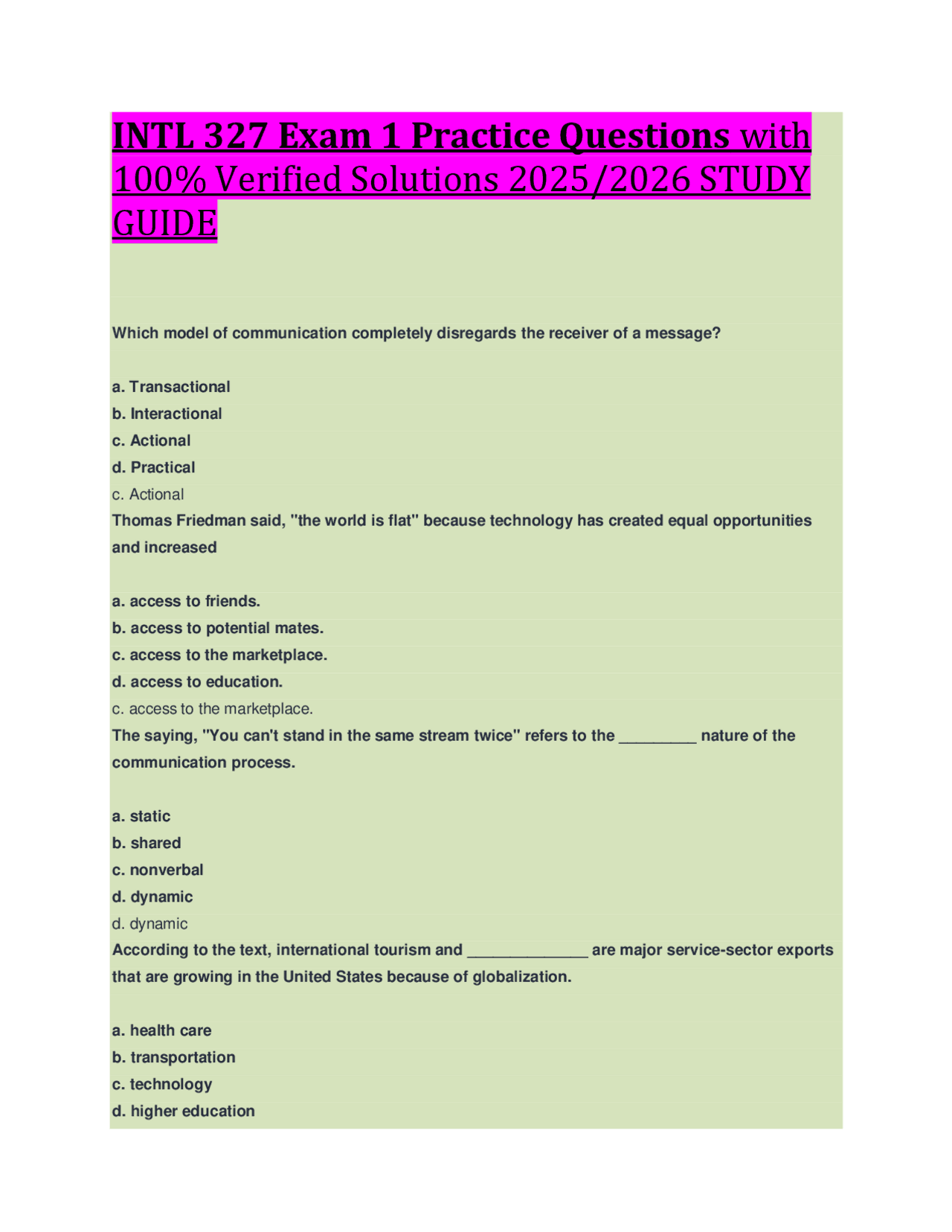 INTL 327 Exam 1 Practice Questions with 100% Verified Solutions 2025/ ...