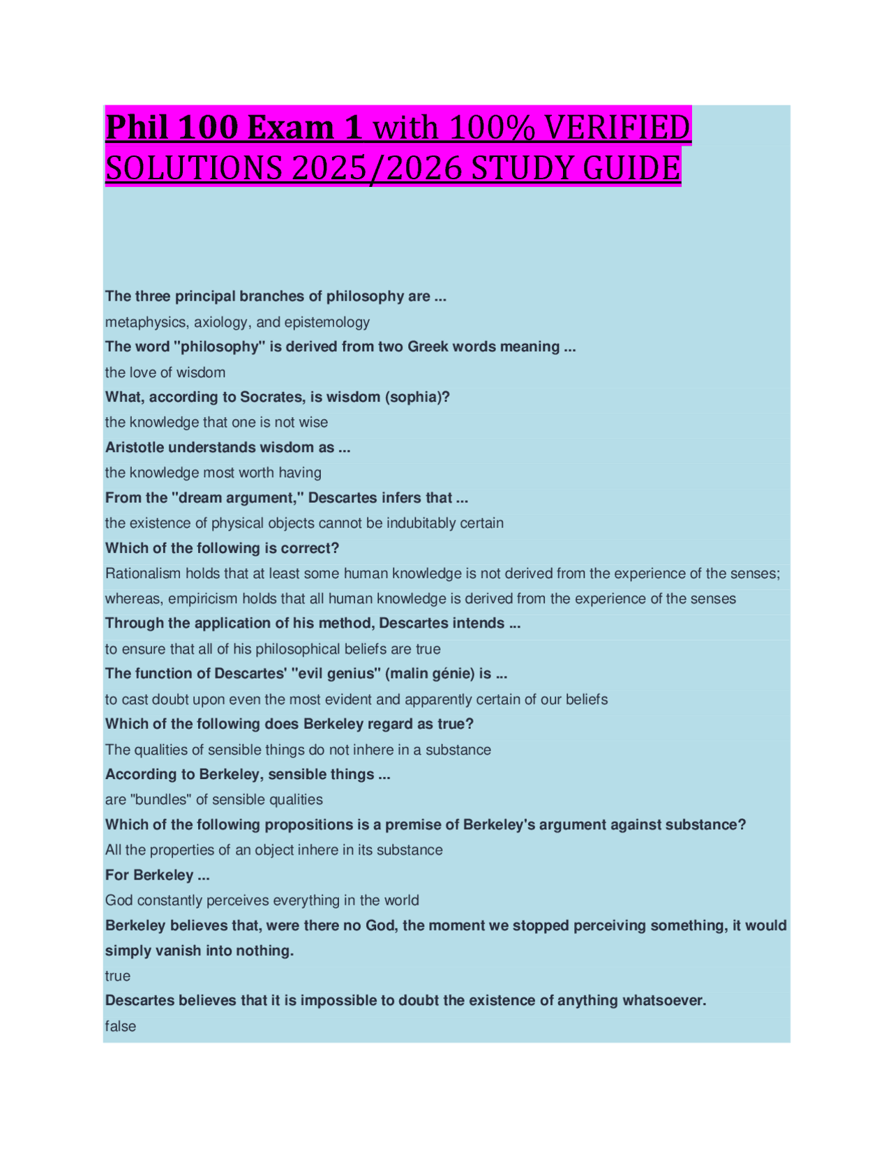 Phil 100 Exam 1 with 100% VERIFIED SOLUTIONS 2025/2026 STUDY GUIDE ...
