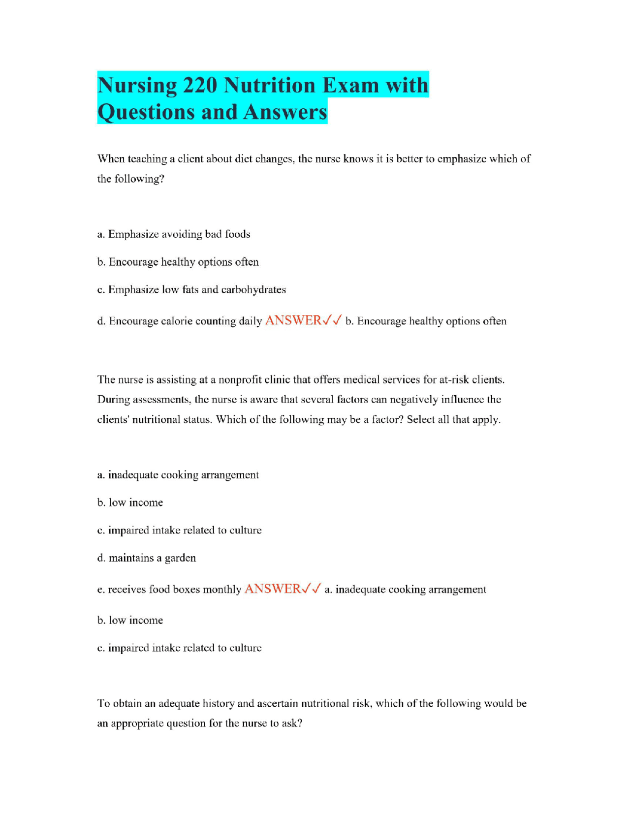 Nursing 220 Nutrition Exam with Questions and Answers | Exams Nursing ...