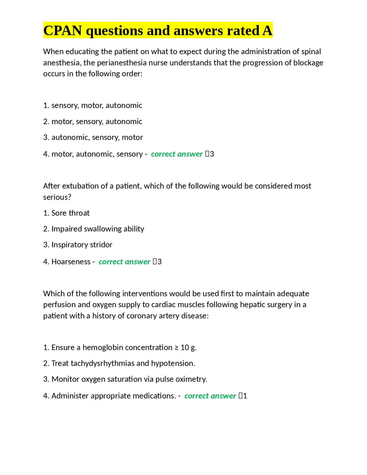 CPAN questions and answers rated A | Exams Nursing | Docsity