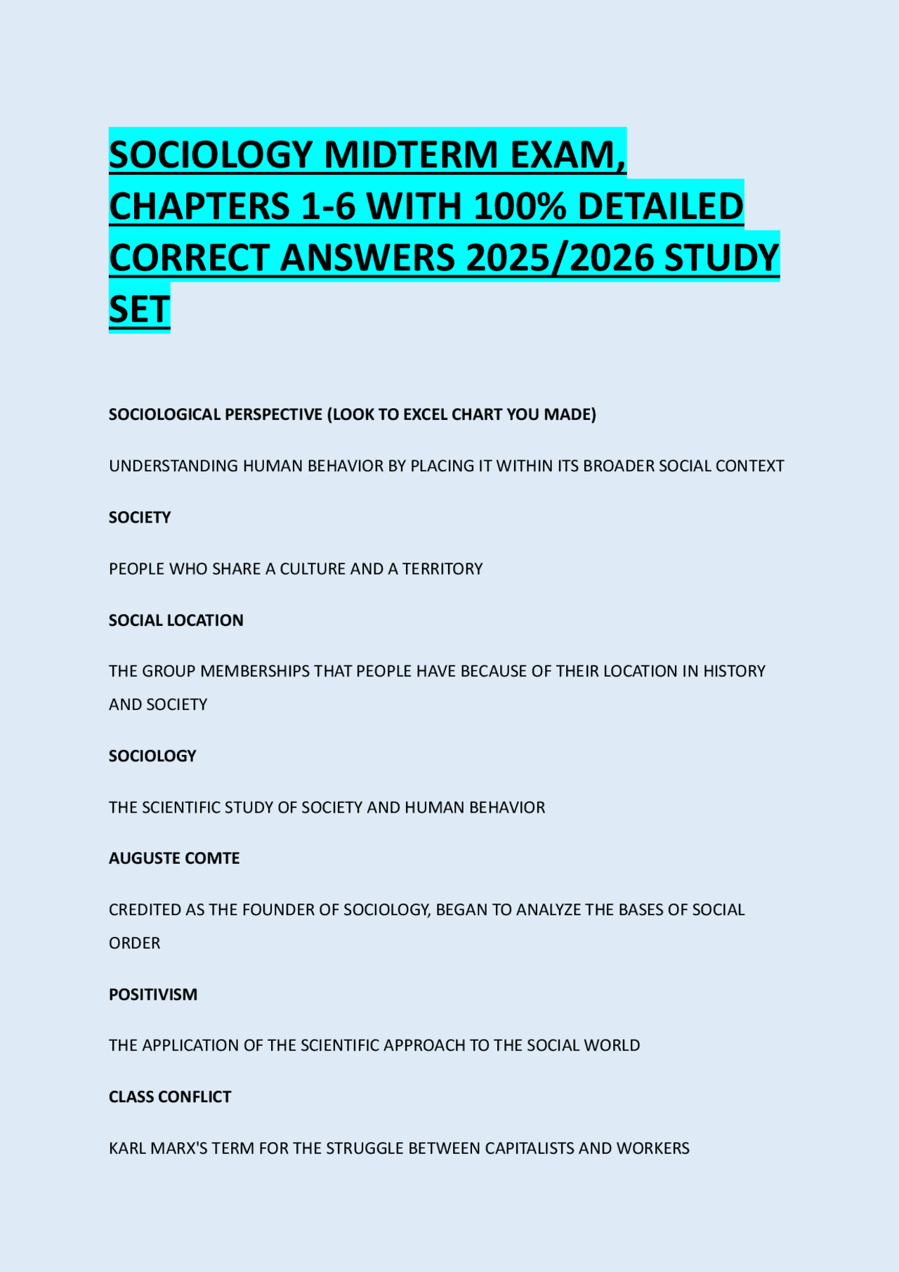 SOCIOLOGY MIDTERM EXAM, CHAPTERS 1-6 WITH 100% DETAILED CORRECT ANSWERS ...
