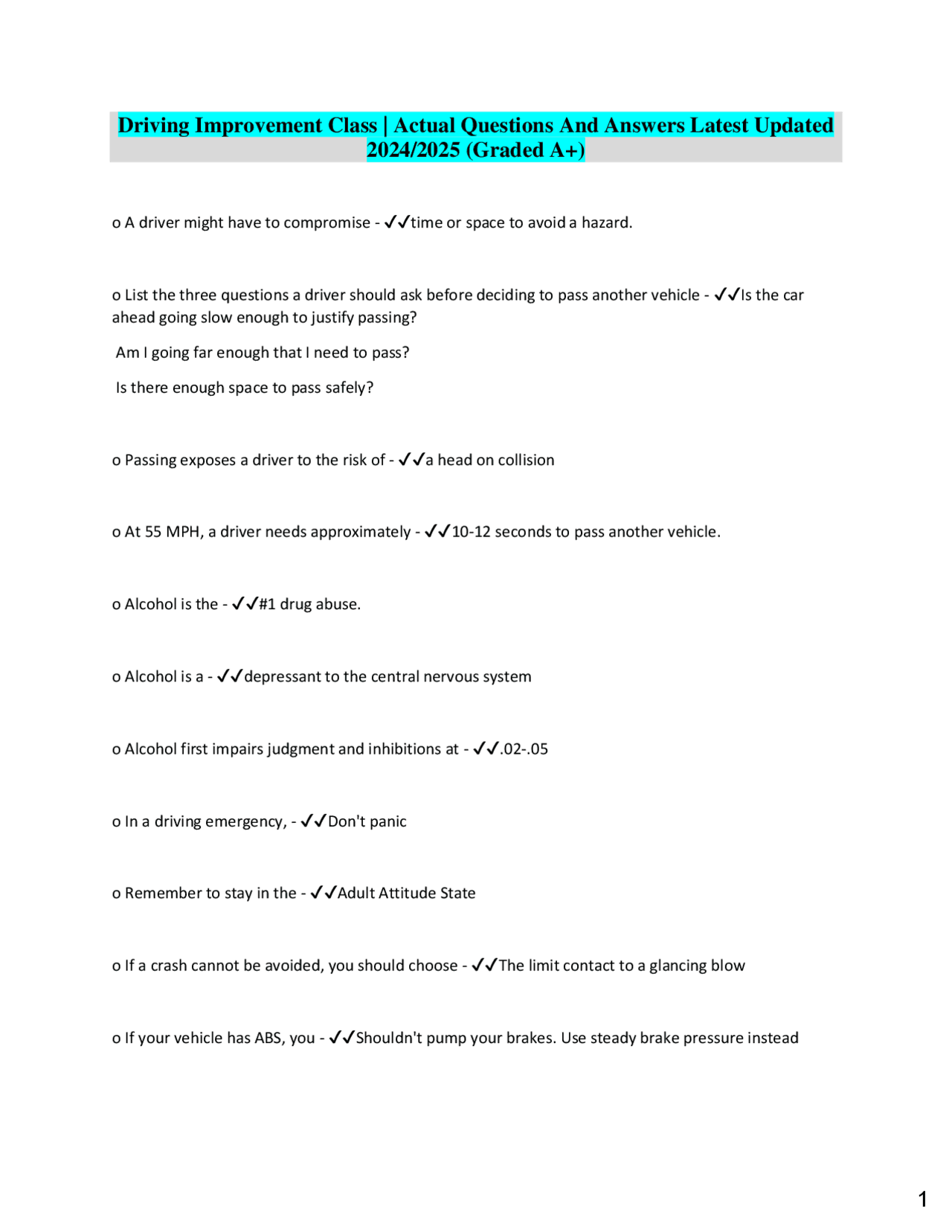 Driving Improvement Class | Actual Questions And Answers Latest Updated ...