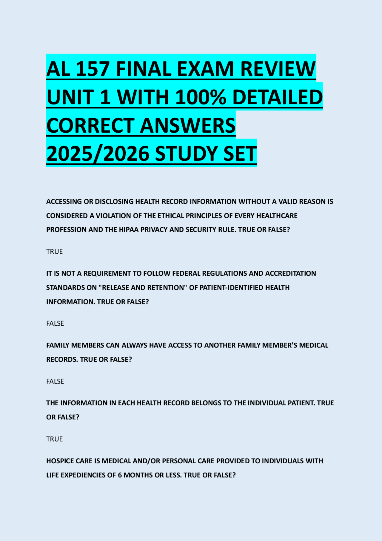 AL 157 FINAL EXAM REVIEW UNIT 1 WITH 100% DETAILED CORRECT ANSWERS 2025 ...