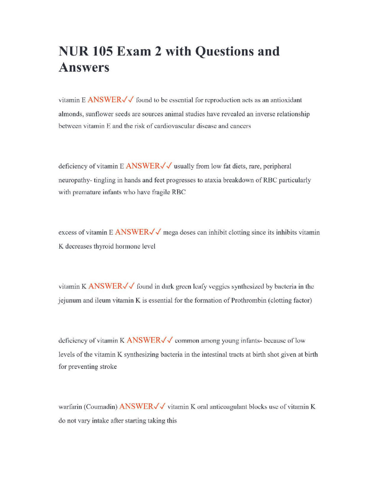 NUR 105 Exam 2 with Questions and Answers | Exams Nursing | Docsity