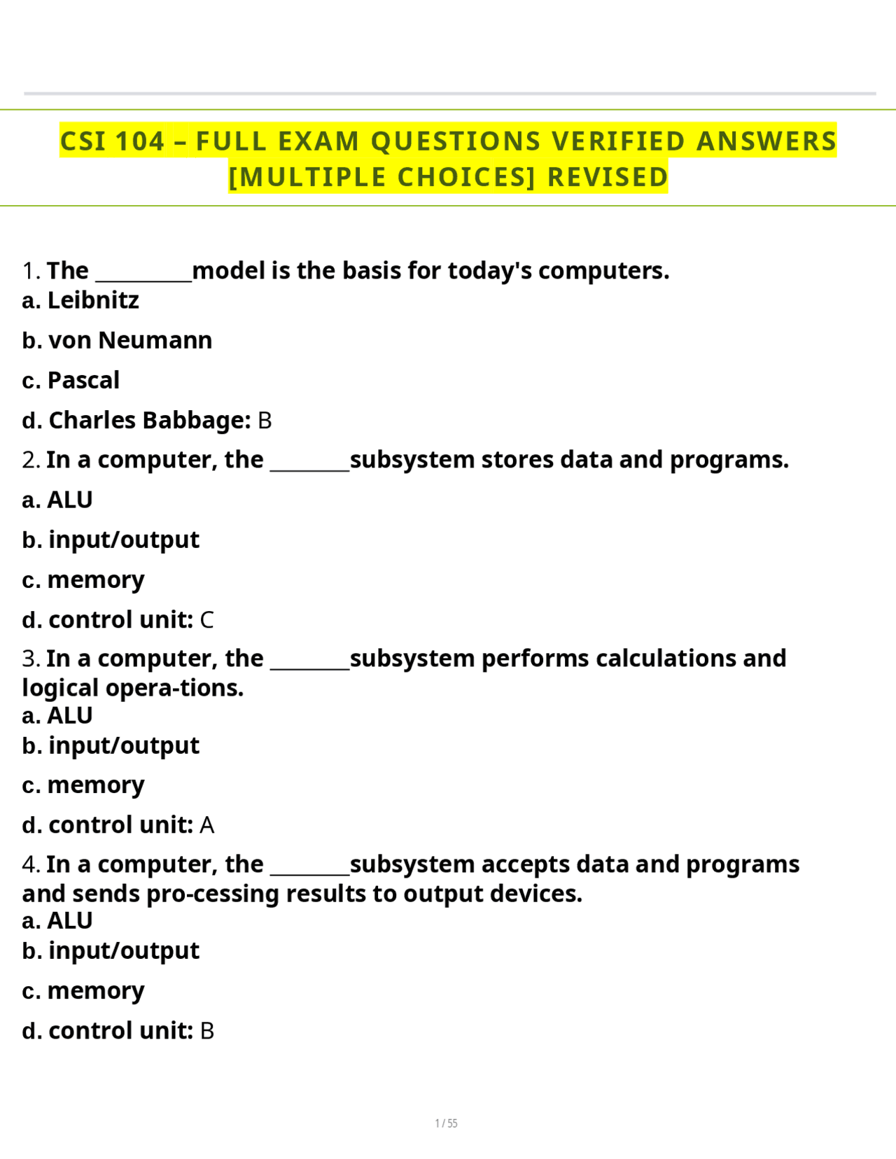 CSI 104 – FULL EXAM QUESTIONS VERIFIED ANSWERS [MULTIPLE CHOICES ...