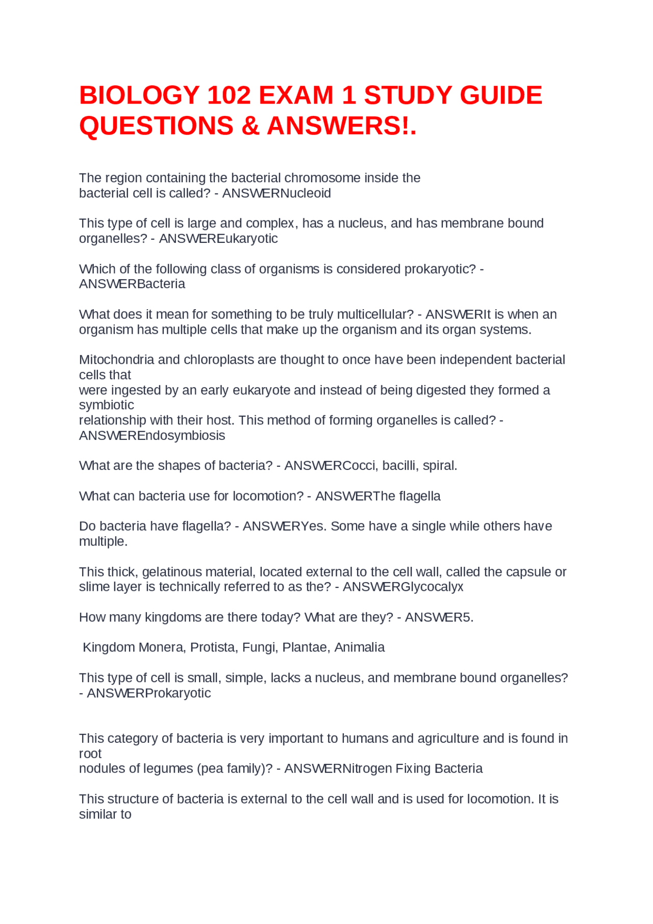 BIOLOGY 102 EXAM 1 STUDY GUIDE QUESTIONS & ANSWERS!. | Exams Biology ...