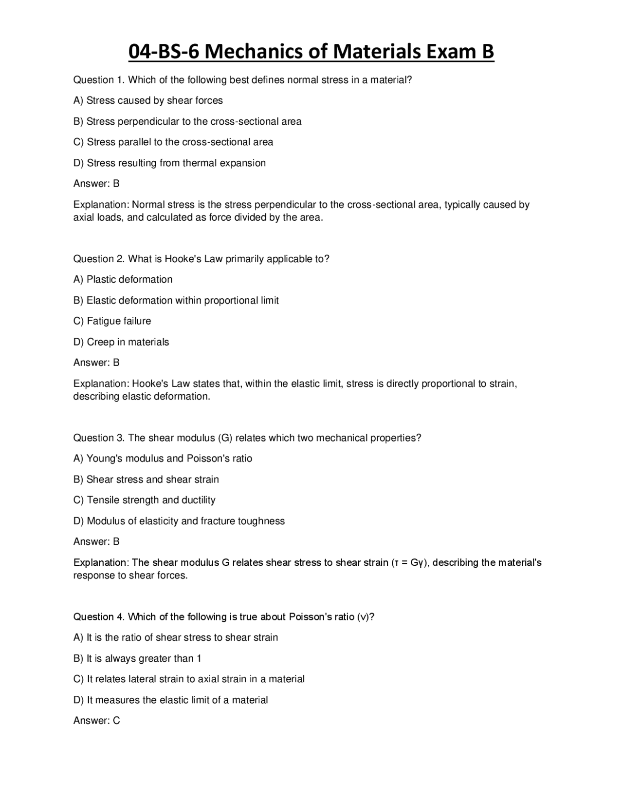 04-BS-6 Mechanics of Materials Exam B | Exams Technology | Docsity