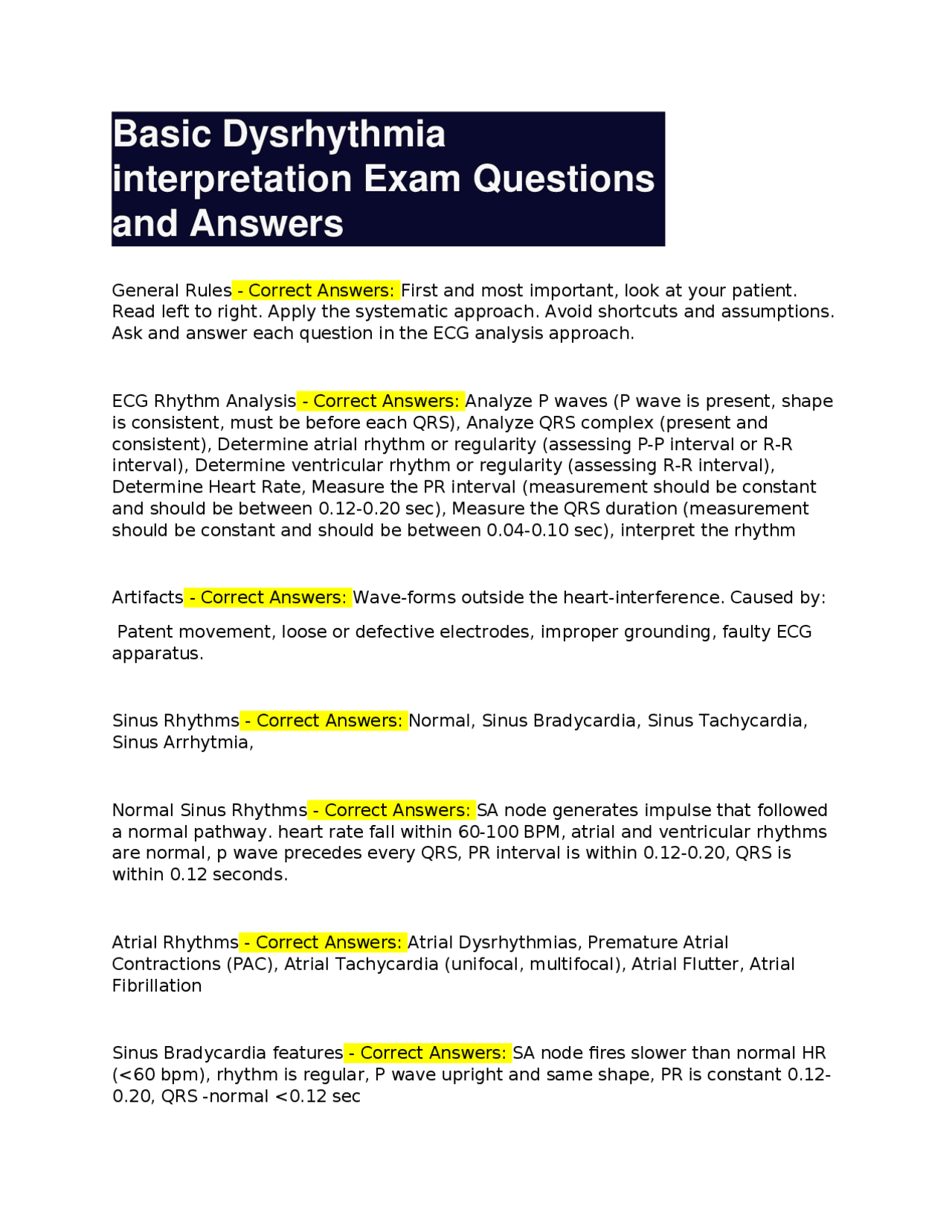 Basic Dysrhythmia interpretation Exam Questions and Answers | Exams ...