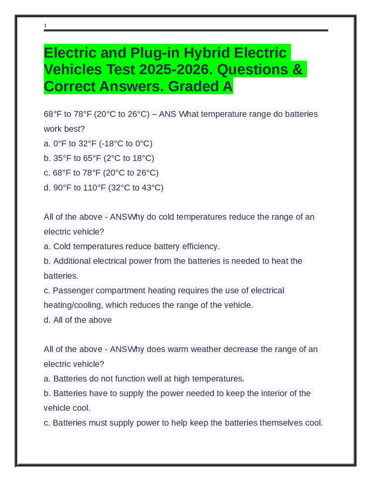Electric and Plug-in Hybrid Electric Vehicles Test 2025-2026. Questions ...