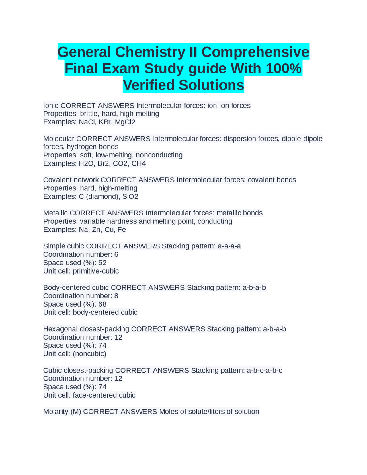 General Chemistry II Comprehensive Final Exam Study guide With 100% ...