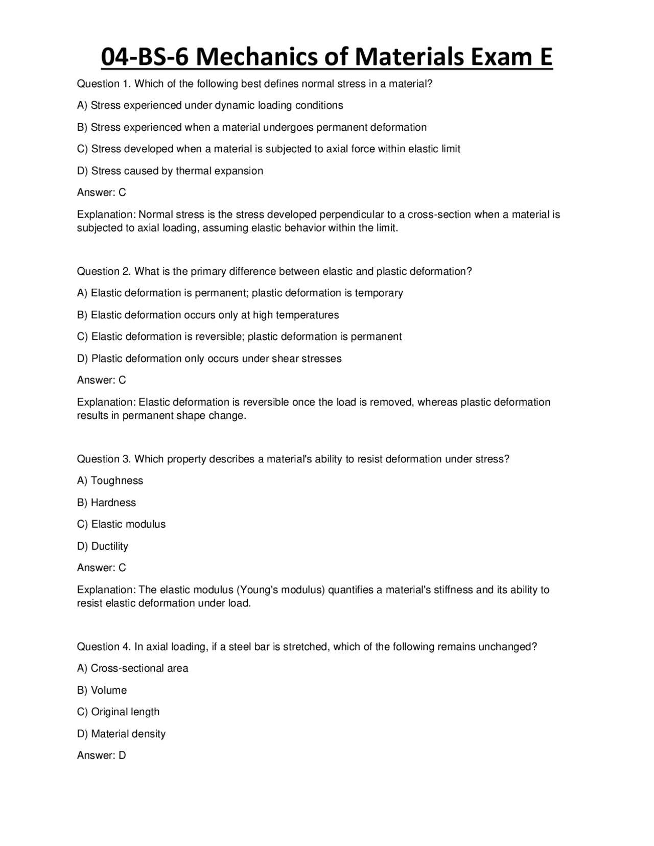 04-BS-6 Mechanics of Materials Exam E | Exams Technology | Docsity