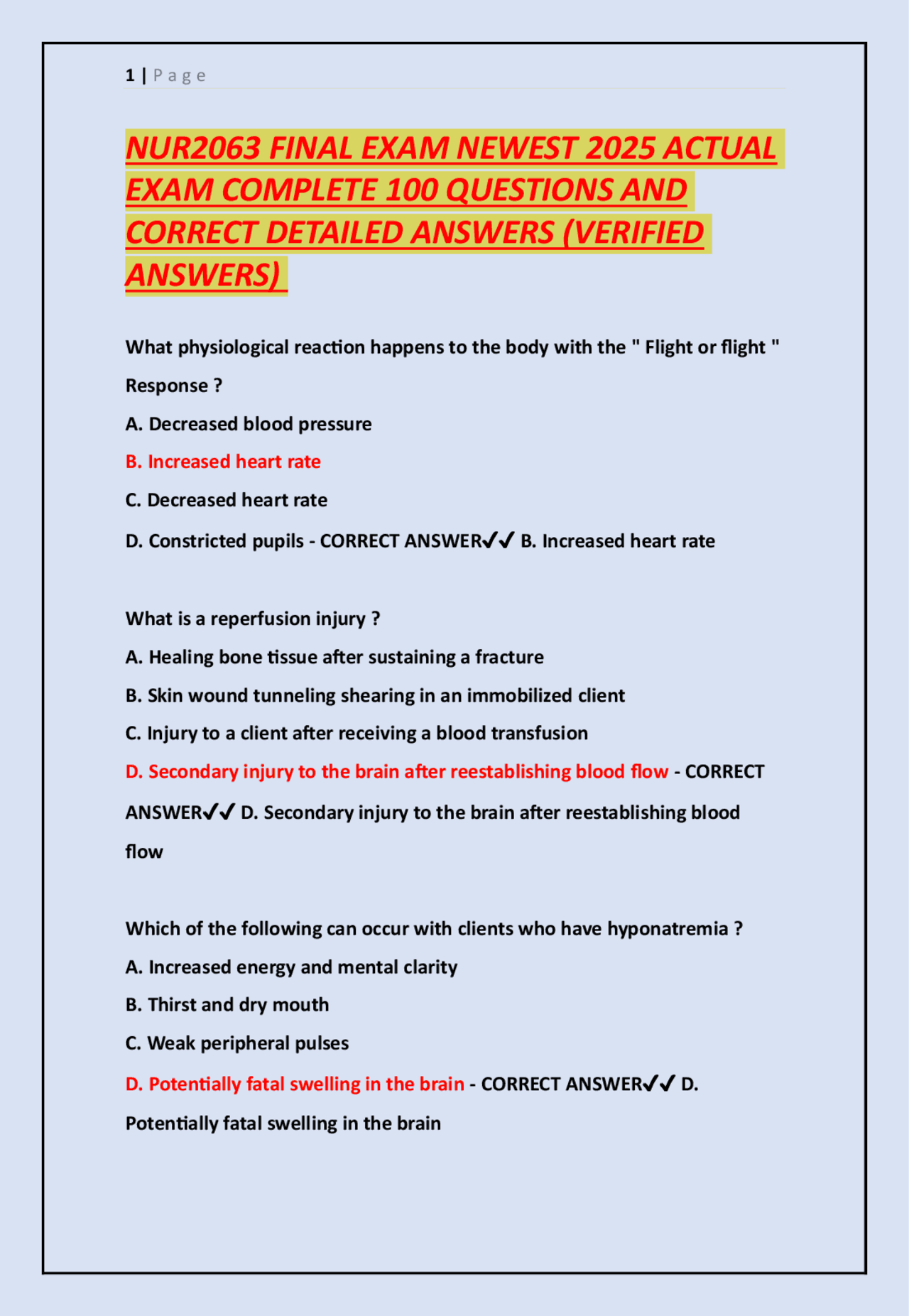 NUR2063 FINAL EXAM NEWEST 2025 ACTUAL EXAM COMPLETE 100 QUESTIONS AND ...