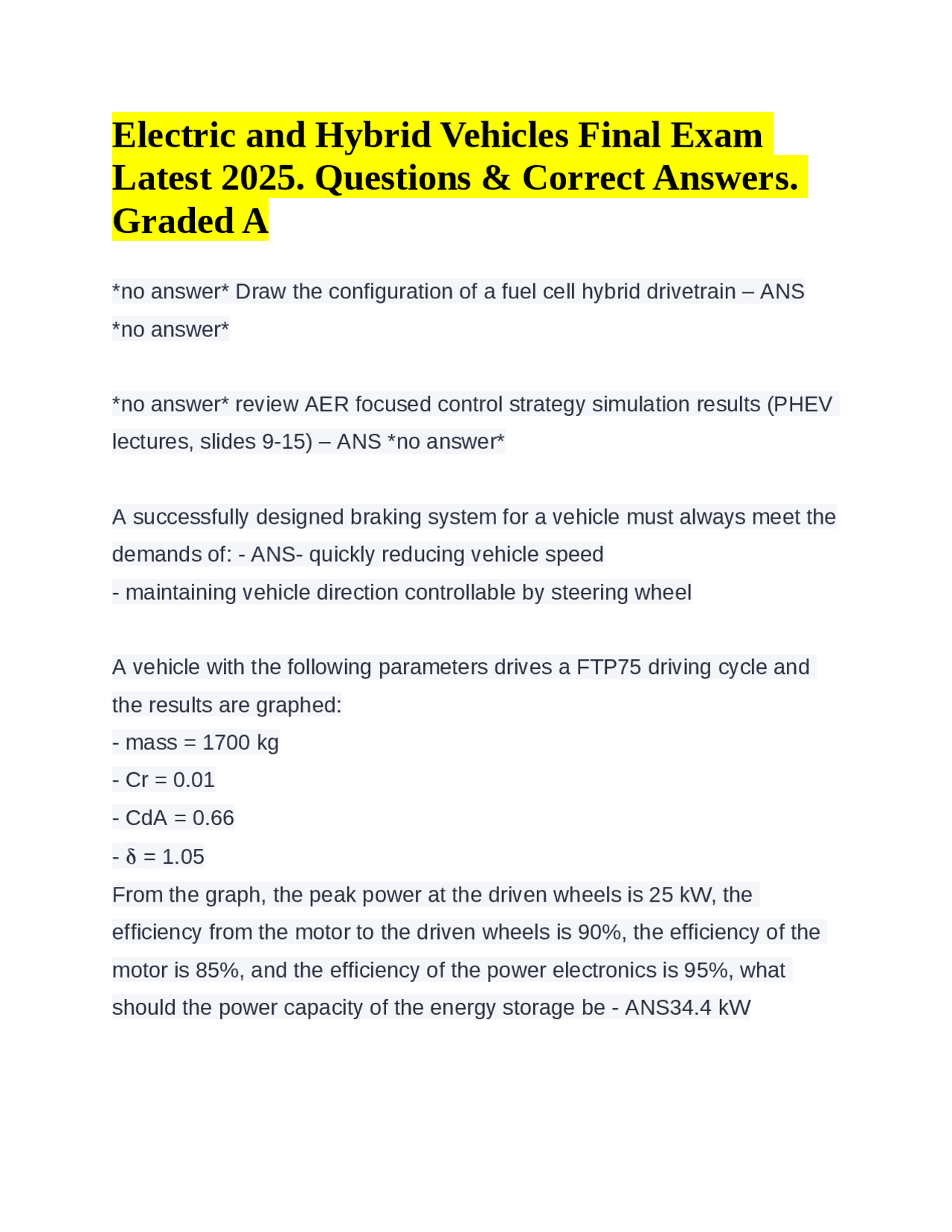 Electric and Hybrid Vehicles Final Exam Latest 2025. Questions ...