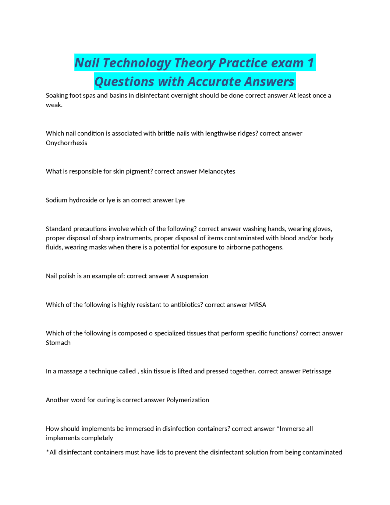 Nail Technology Theory Practice exam 1 Questions with Accurate Answers ...
