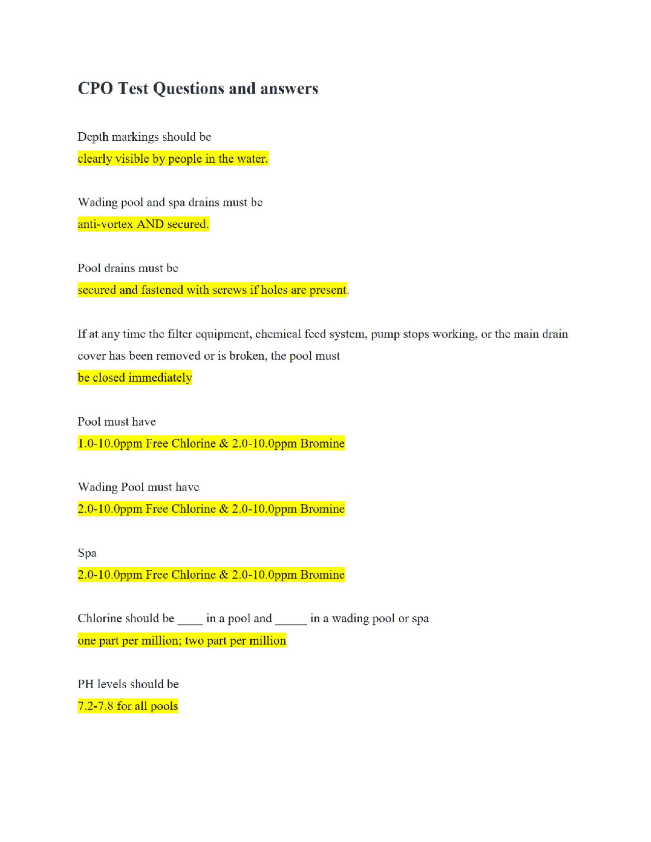 CPO Test Questions and answers | Exams Sport Studies | Docsity