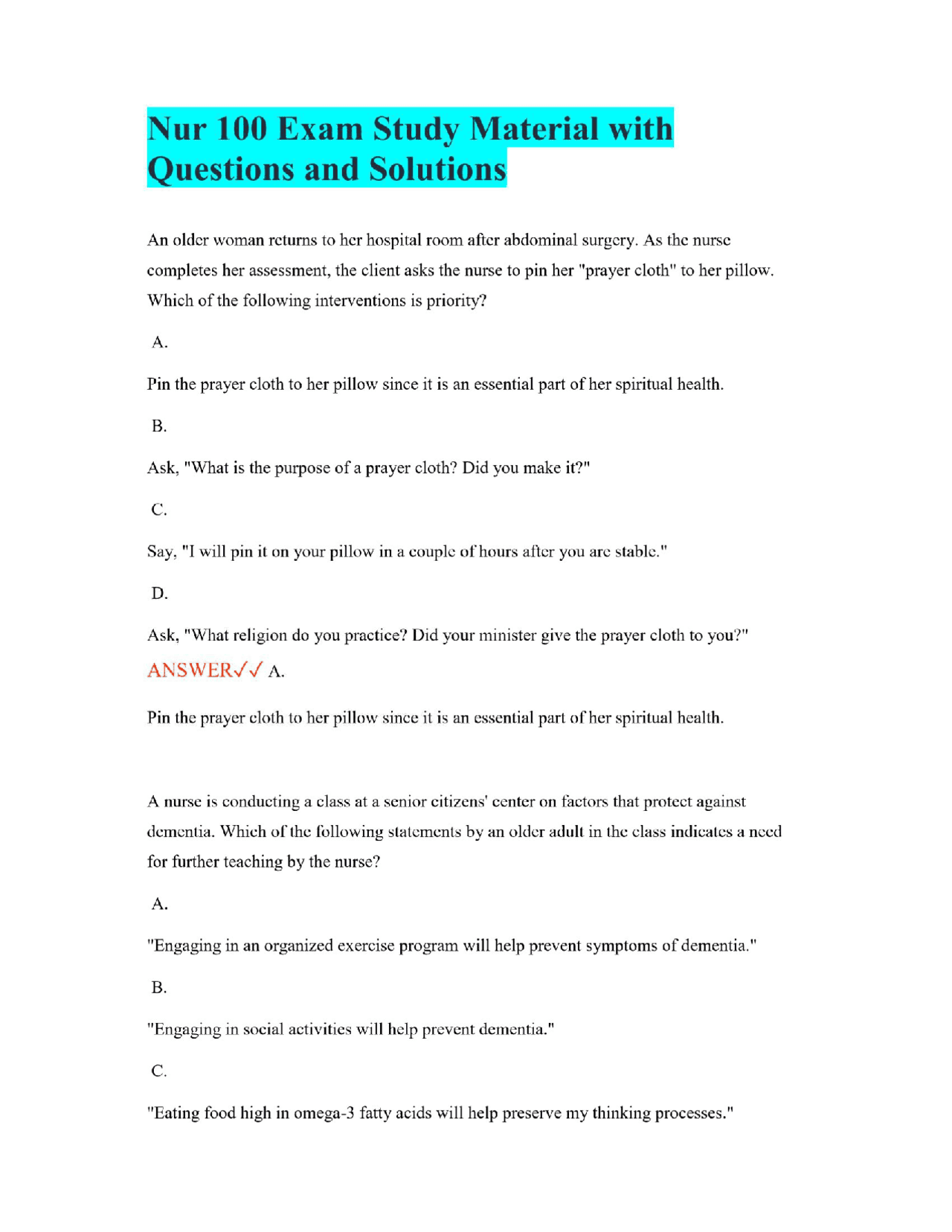 Nur 100 Exam Study Material with Questions and Solutions | Exams ...