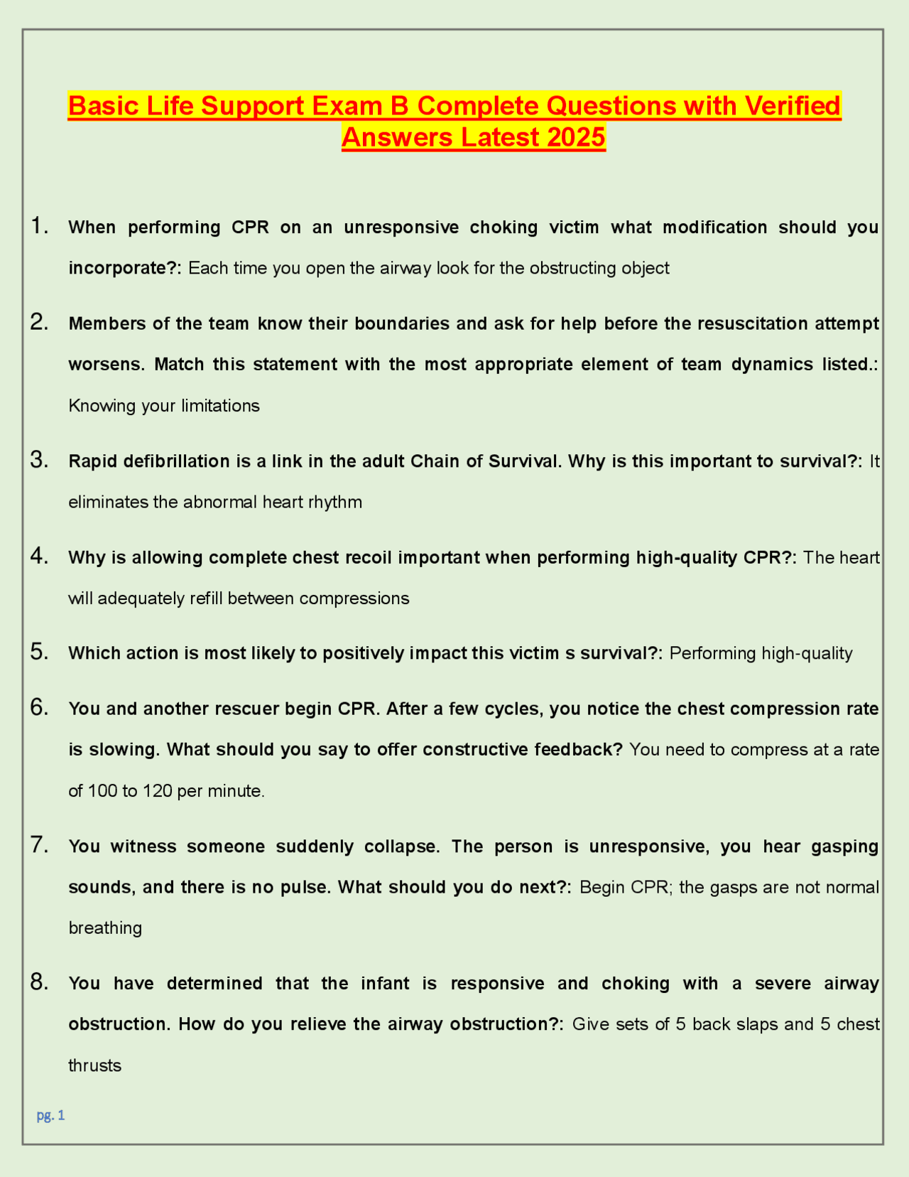 Basic Life Support Exam B Complete Questions with Verified Answers ...