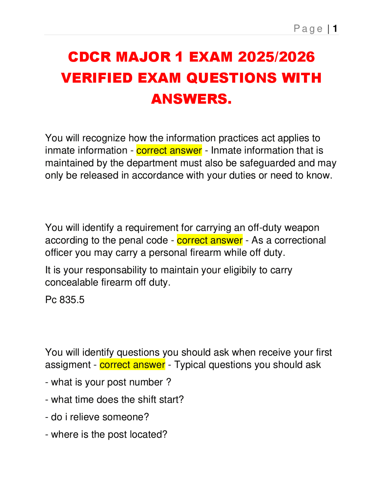 CDCR MAJOR 1 EXAM 2025/2026 VERIFIED EXAM QUESTIONS WITH ANSWERS ...