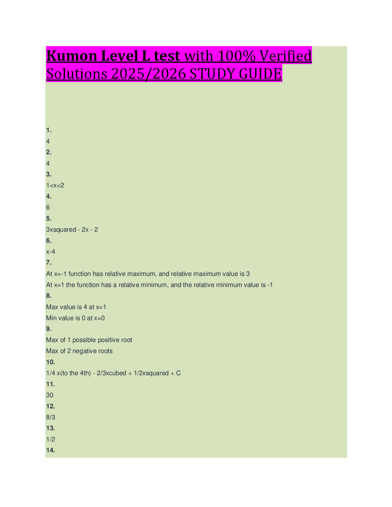 Kumon Level L test with 100% Verified Solutions 2025/2026 STUDY