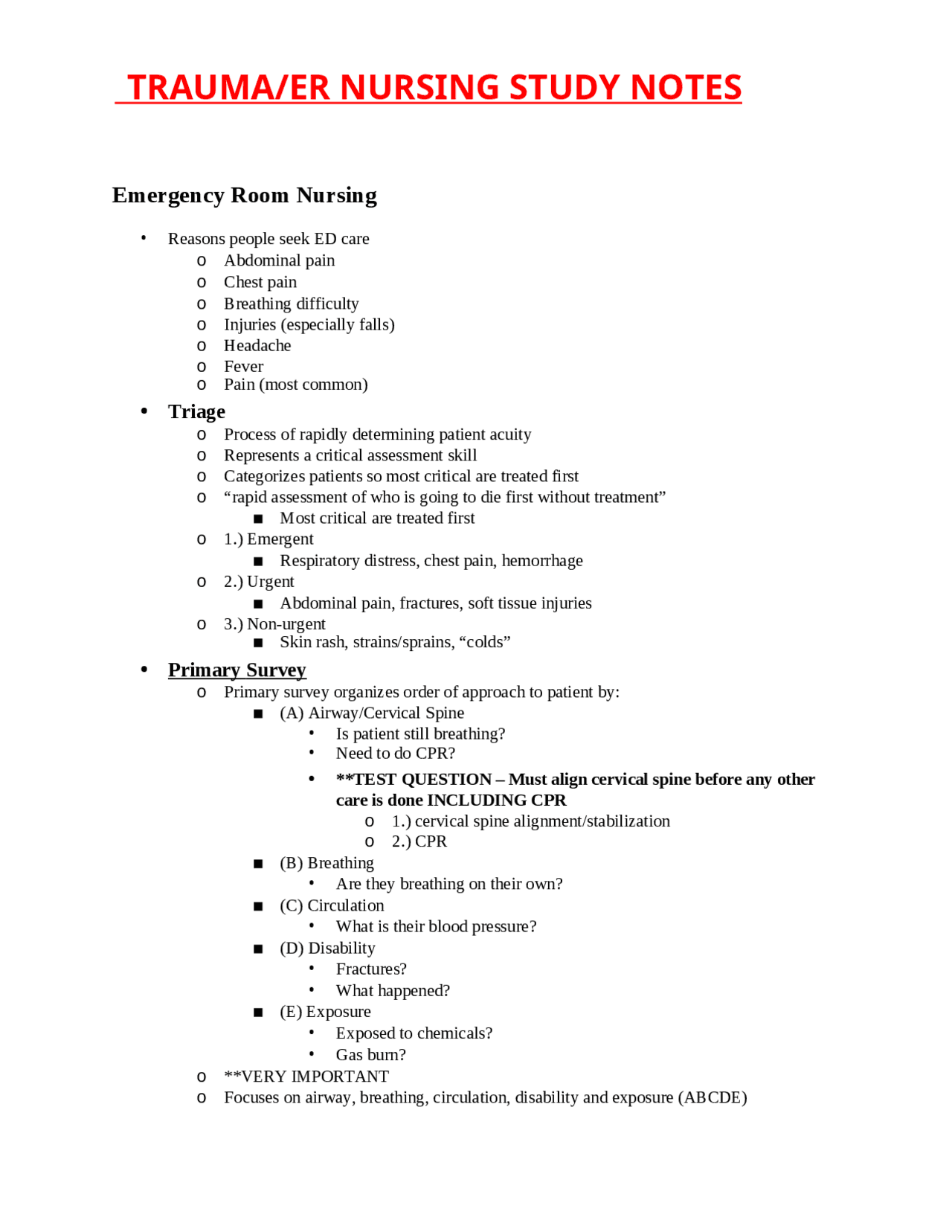 TRAUMA/ER NURSING STUDY NOTES | Study notes Nursing | Docsity