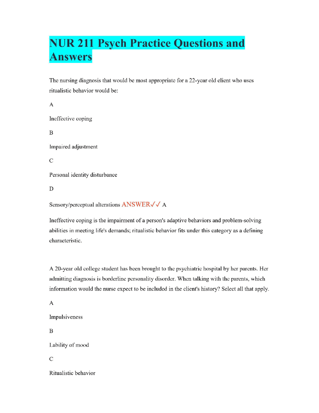 NUR 211 Psych Practice Questions and Answers | Exams Nursing | Docsity