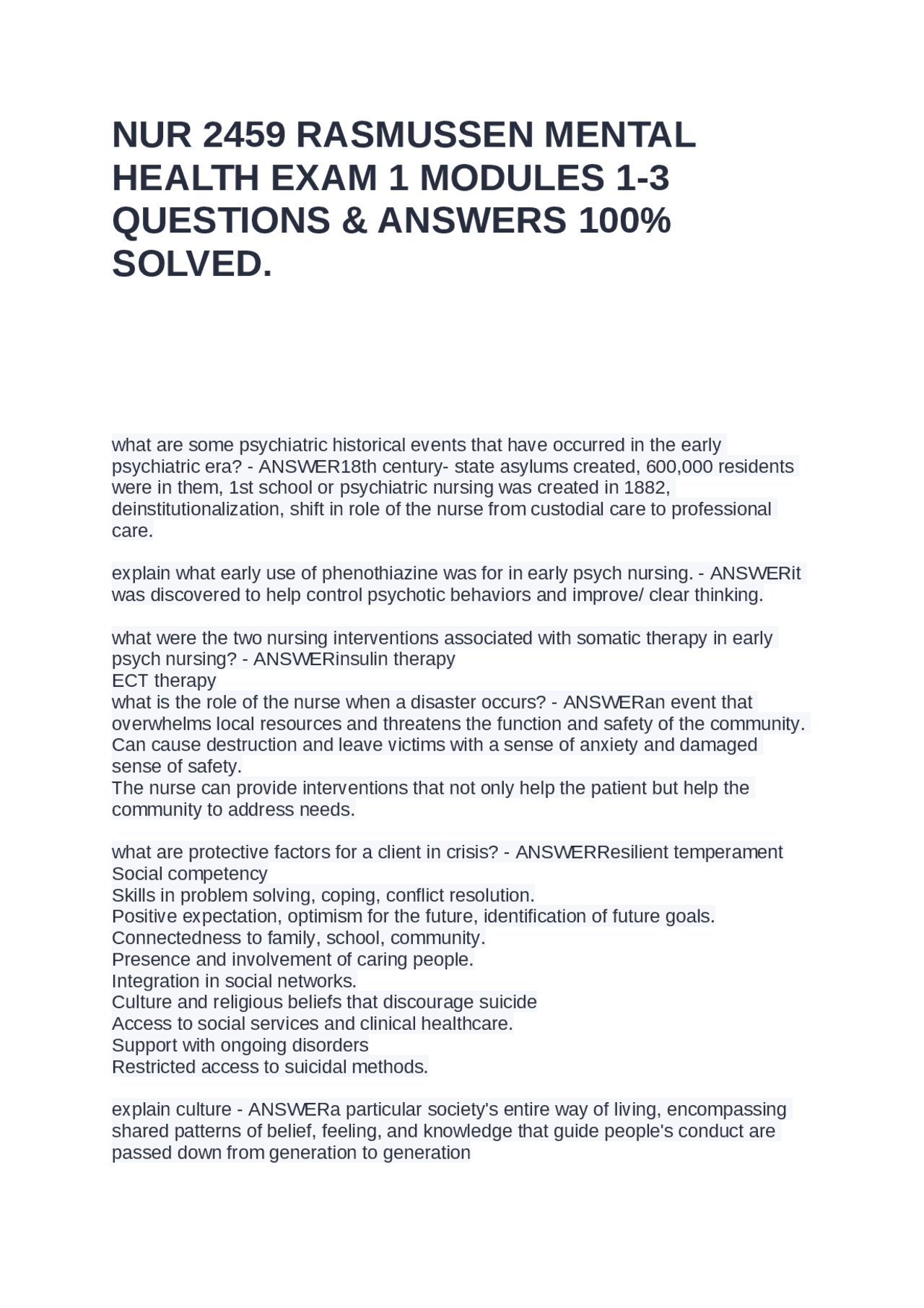 NUR 2459 RASMUSSEN MENTAL HEALTH EXAM 1 MODULES 1-3 QUESTIONS & ANSWERS ...