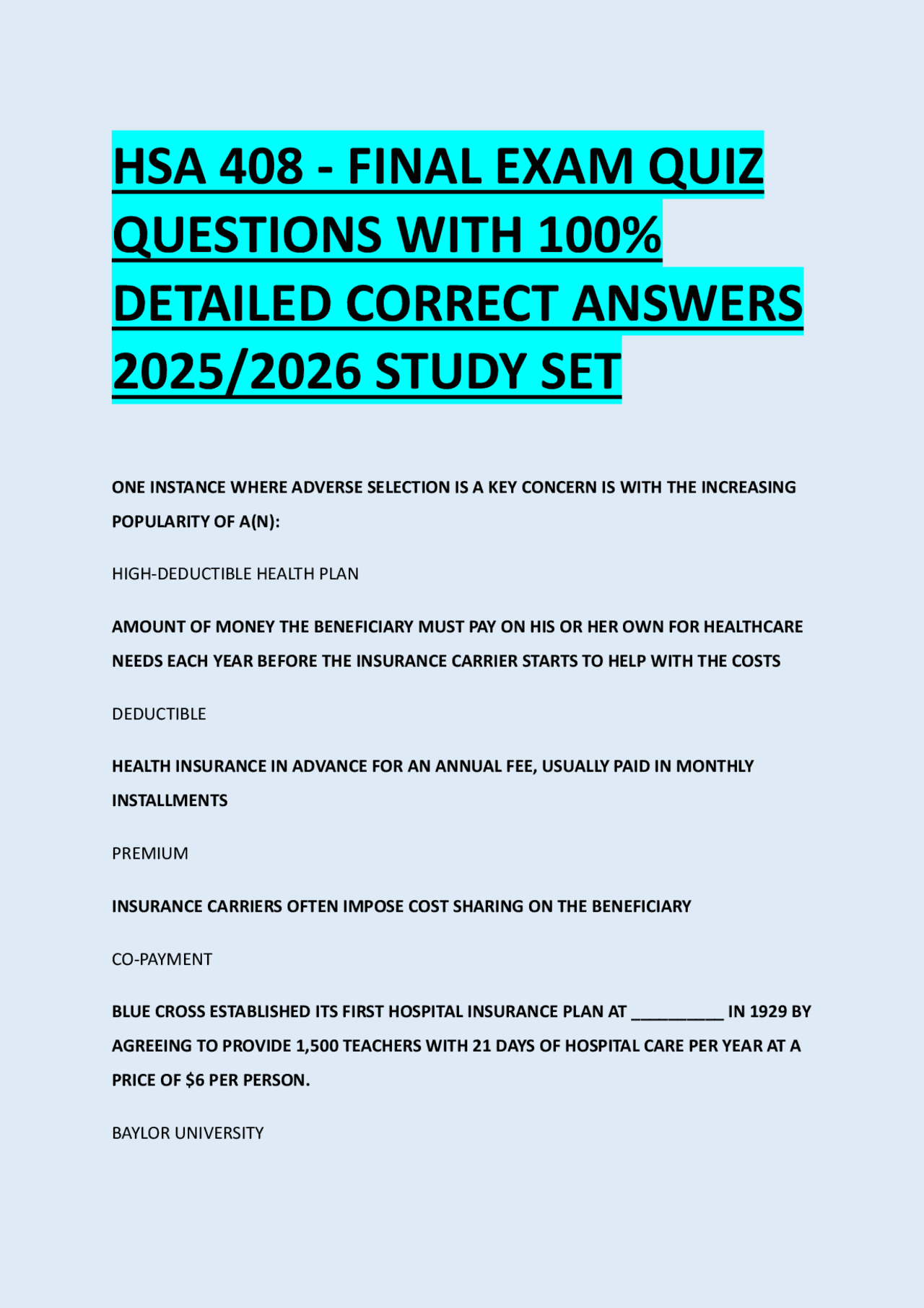 Hsa Questions HSA 408 - FINAL EXAM QUIZ QUESTIONS WITH 100% DETAILED CORRECT ANSWERS ...