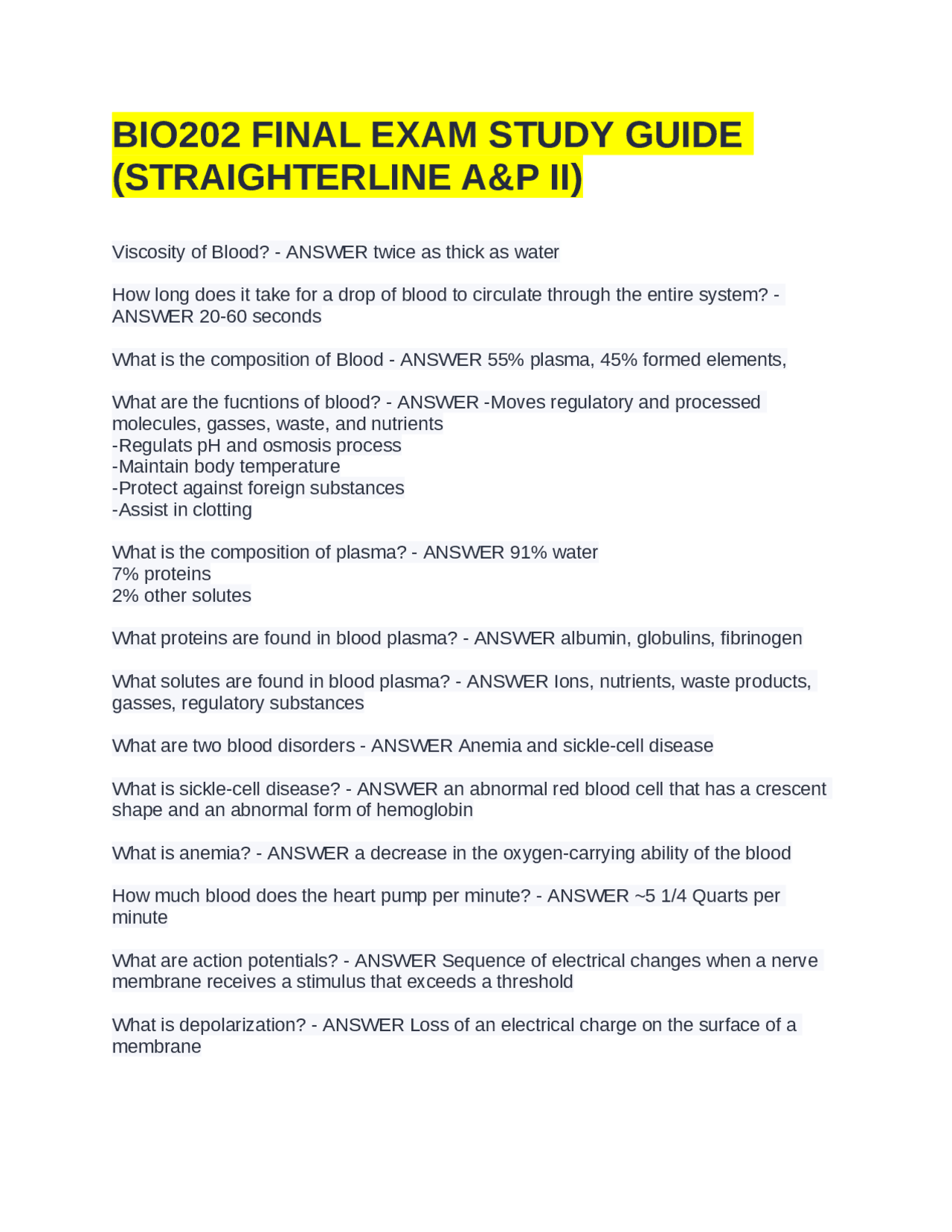 BIO202 Anatomy & Physiology II Final Exam Study Guide | Exams Biology ...