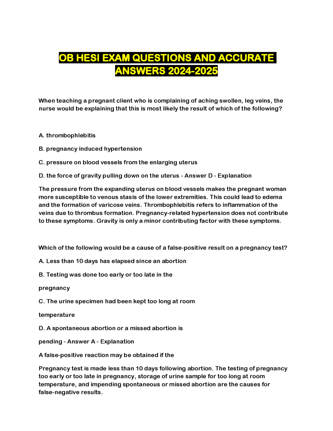 OB HESI EXAM QUESTIONS AND ACCURATE ANSWERS 2024-2025 | Exams Advanced ...