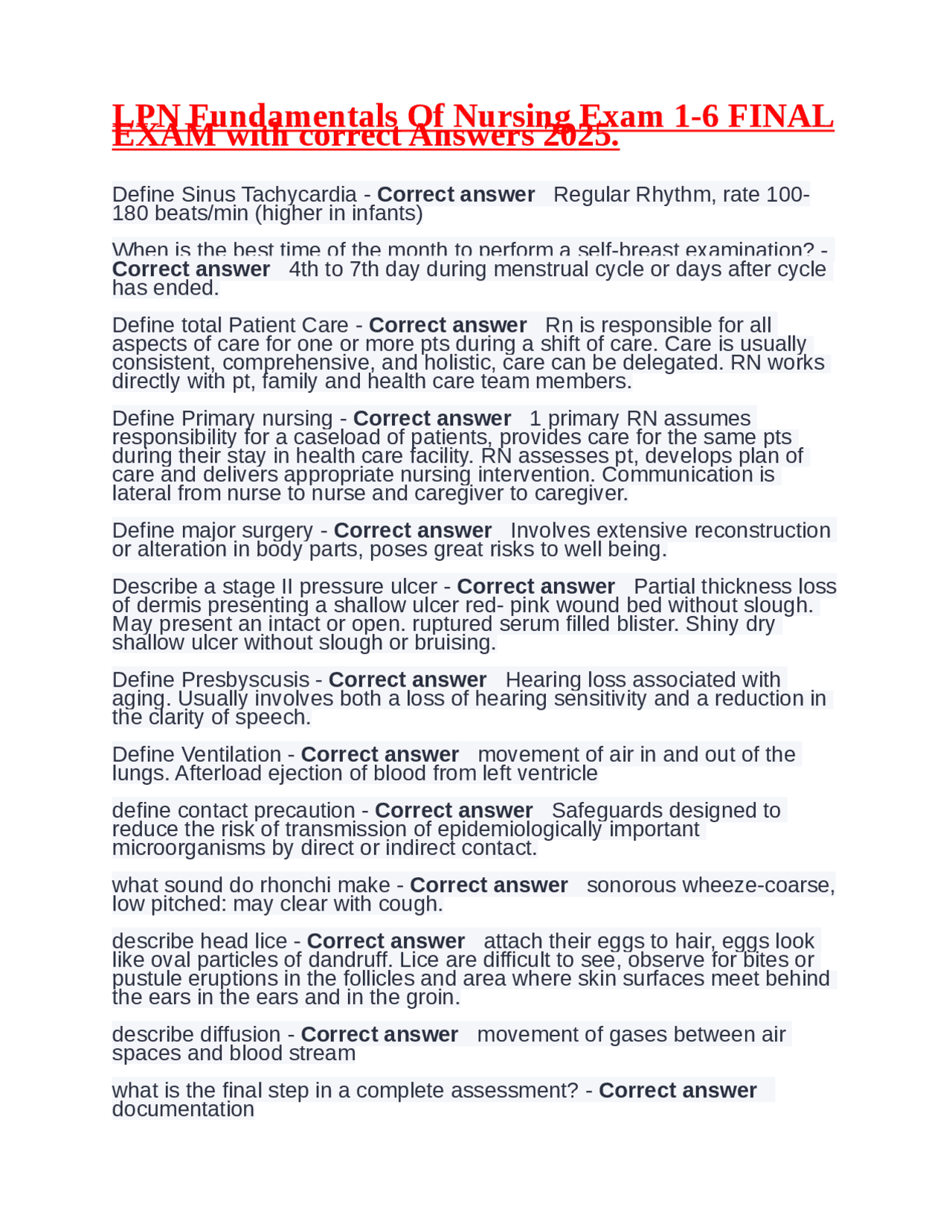 LPN Fundamentals Of Nursing Exam 1-6 FINAL EXAM with correct Answers ...