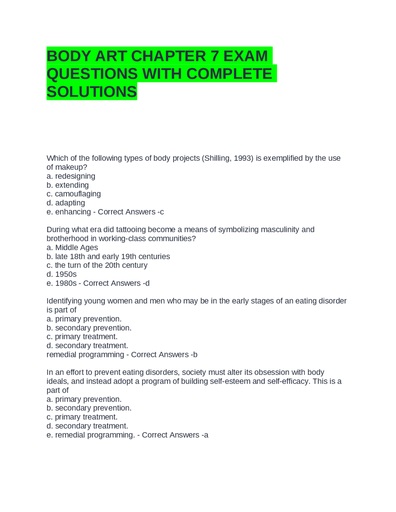 BODY ART CHAPTER 7 EXAM QUESTIONS WITH COMPLETE SOLUTIONS | Exams ...