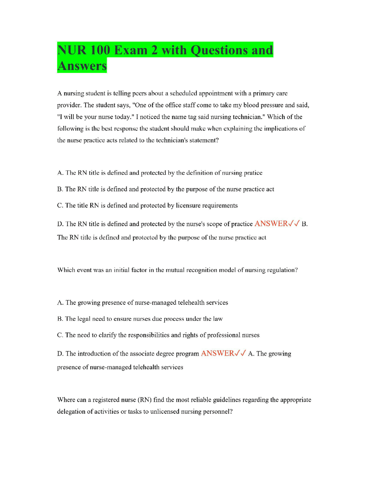 NUR 100 Exam 2 with Questions and Answers | Exams Nursing | Docsity