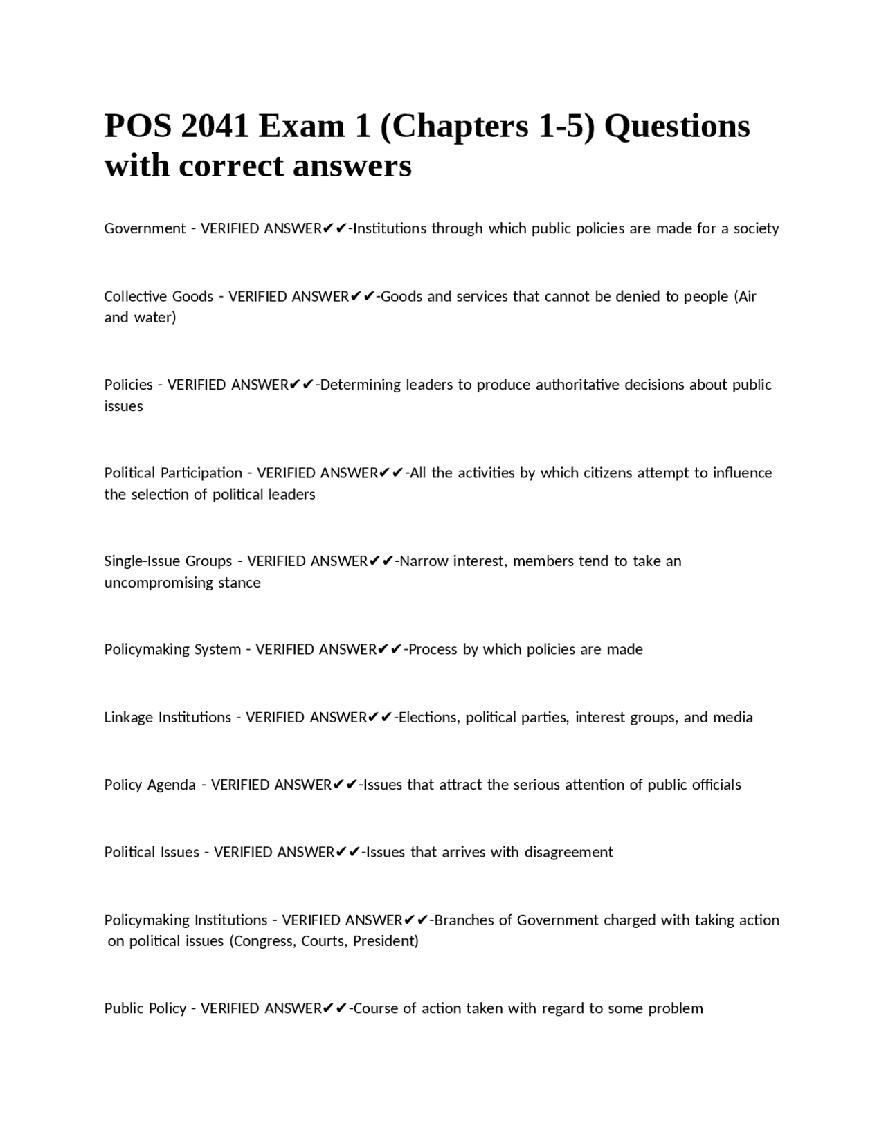 POS 2041 Exam 1 Study Guide: Key Government Concepts | Exams Social ...