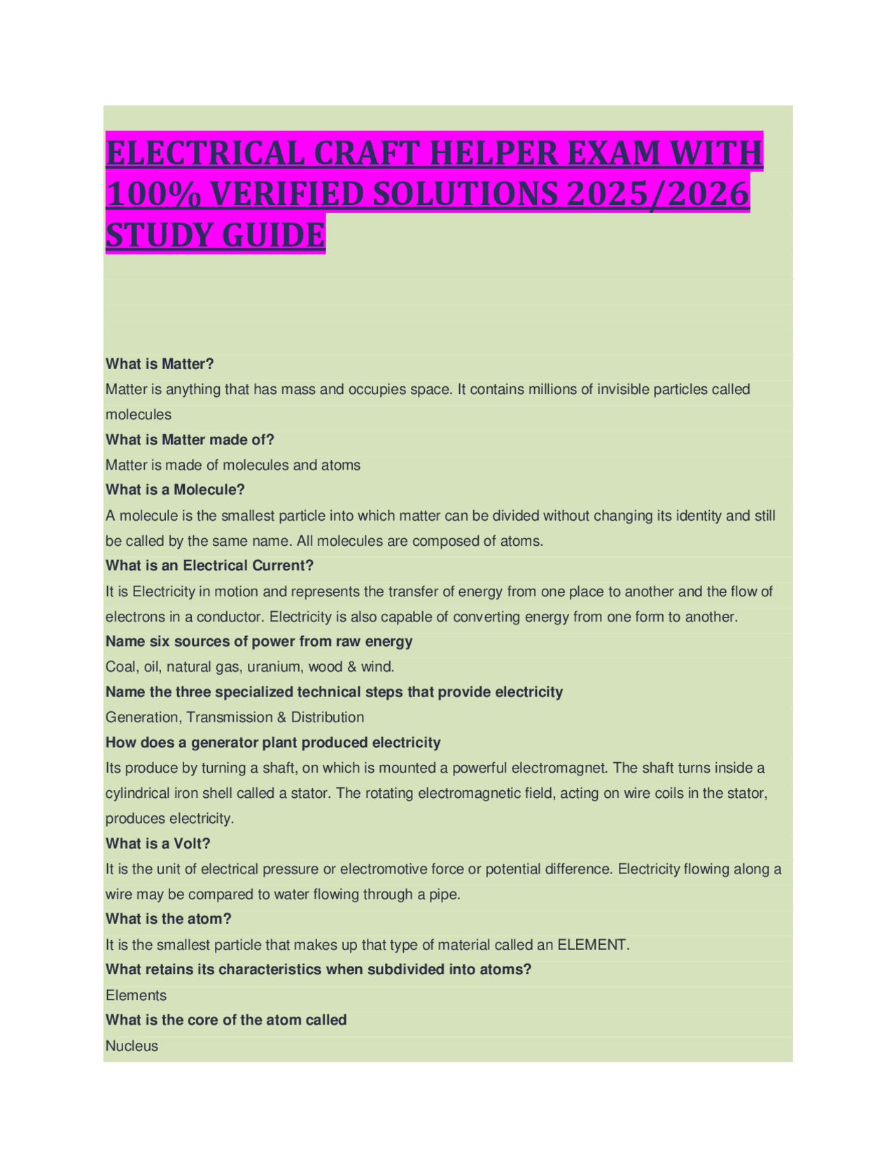 ELECTRICAL CRAFT HELPER EXAM WITH 100% VERIFIED SOLUTIONS 2025/2026 ...