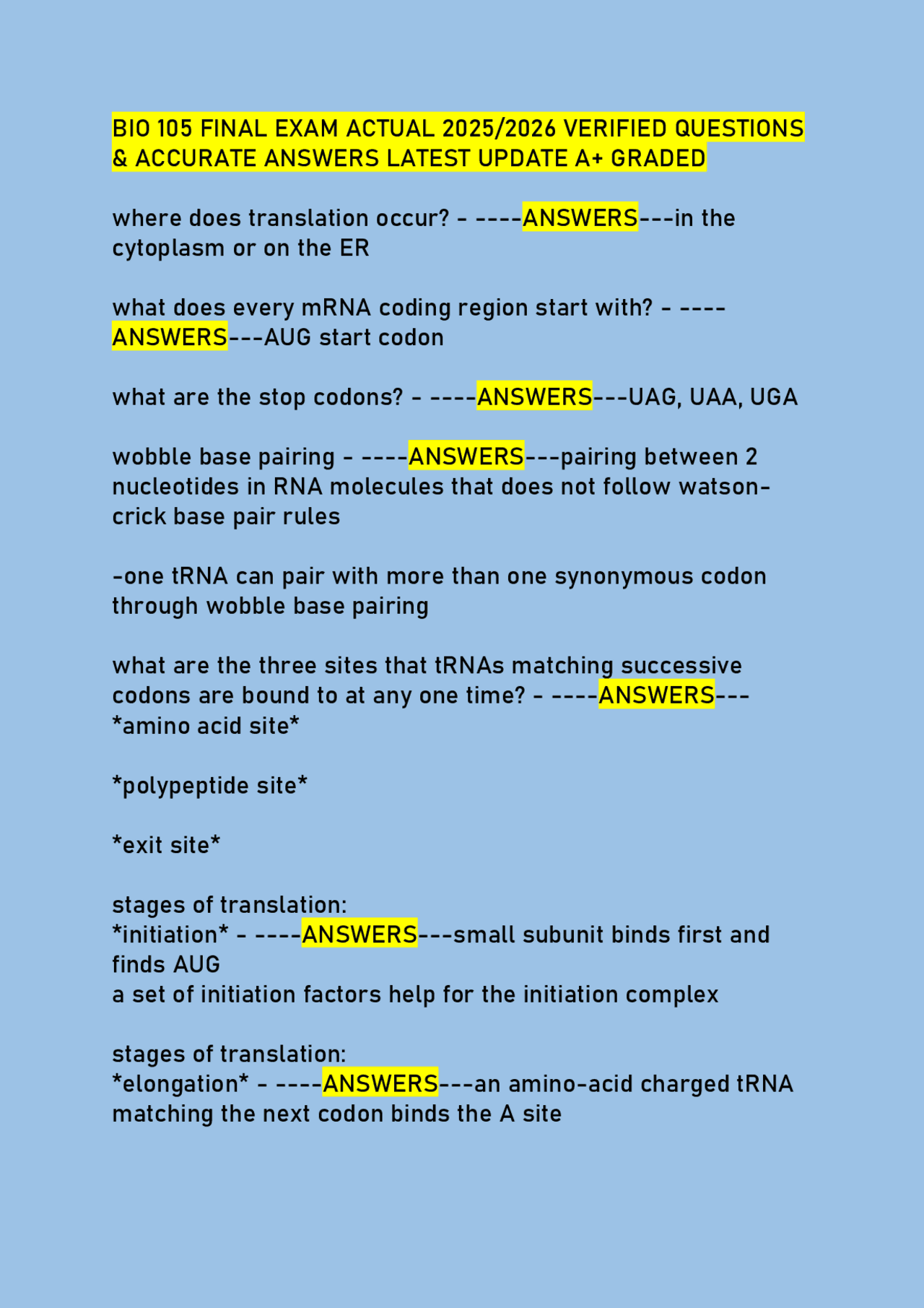 BIO 105 FINAL EXAM ACTUAL 2025/2026 VERIFIED QUESTIONS & ACCURATE ...