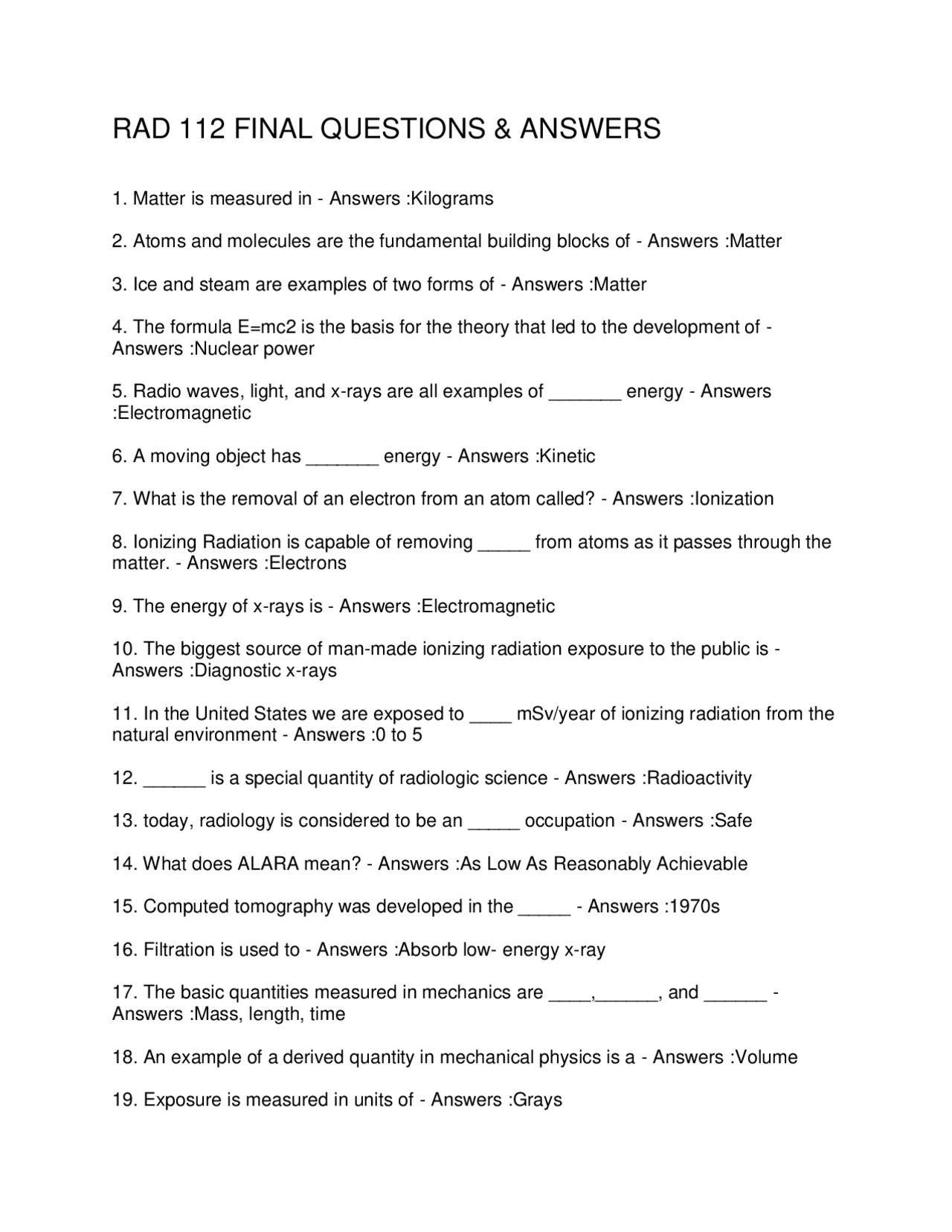 RAD 112 FINAL QUESTIONS & ANSWERS | Exams Social Sciences | Docsity