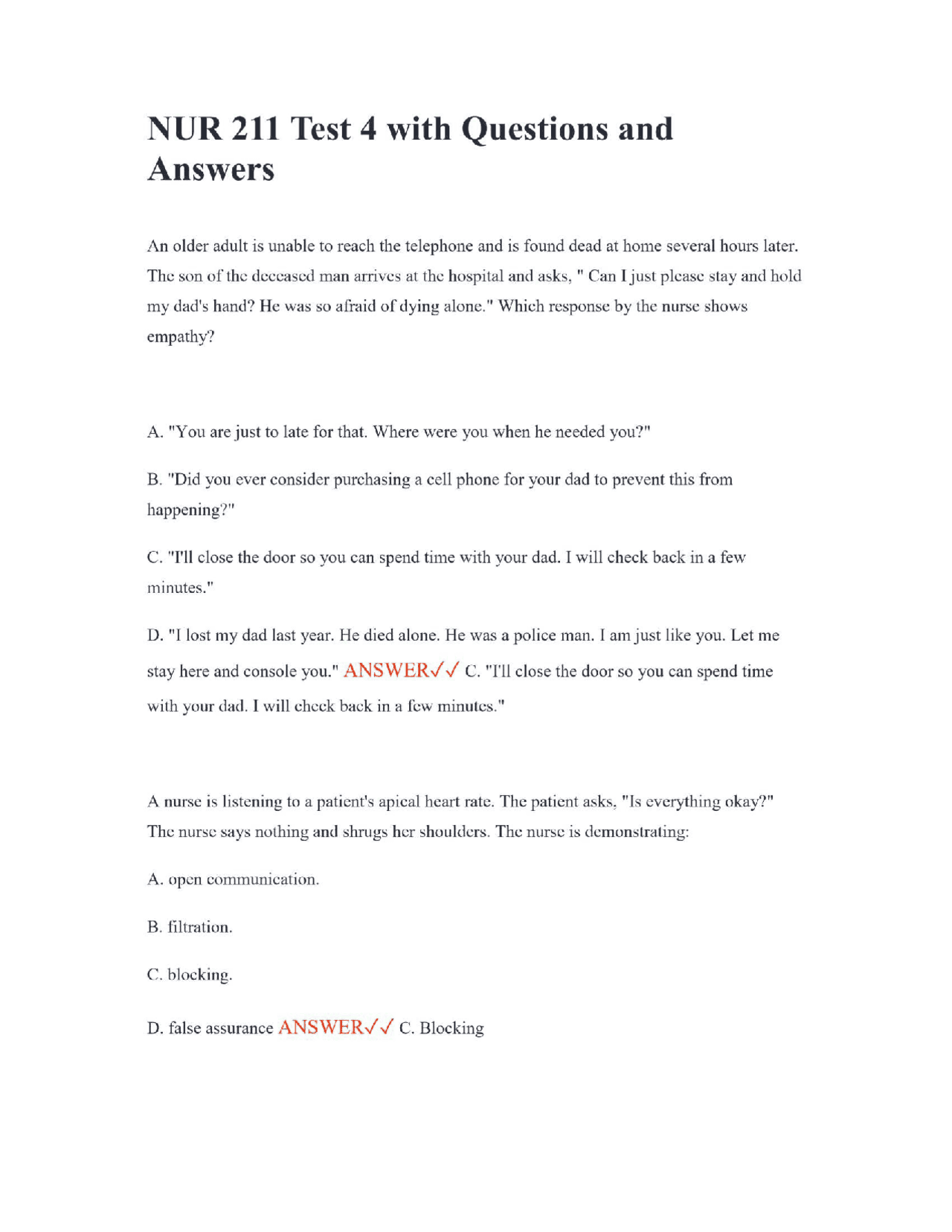 NUR 211 Test 4 with Questions and Answers | Exams Nursing | Docsity